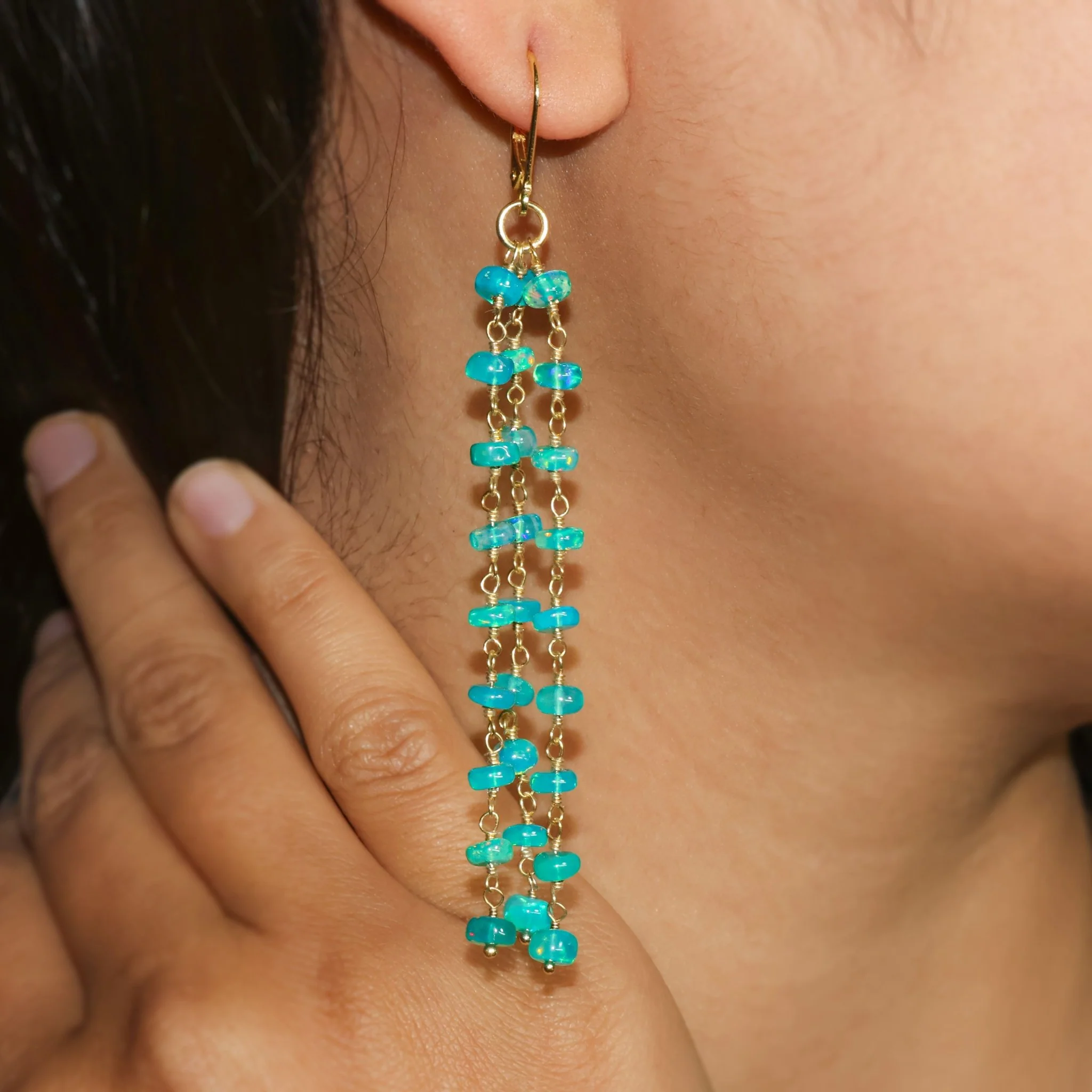 Natural Green Opal 3 Line Dangle Drop Handmade Earrings - Image 2