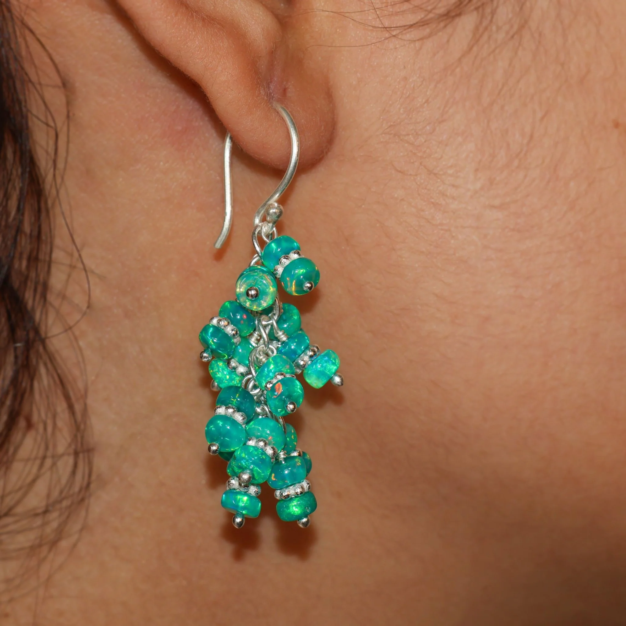 Natural Green Opal Beaded Chakri Style Cluster Earrings - Image 2