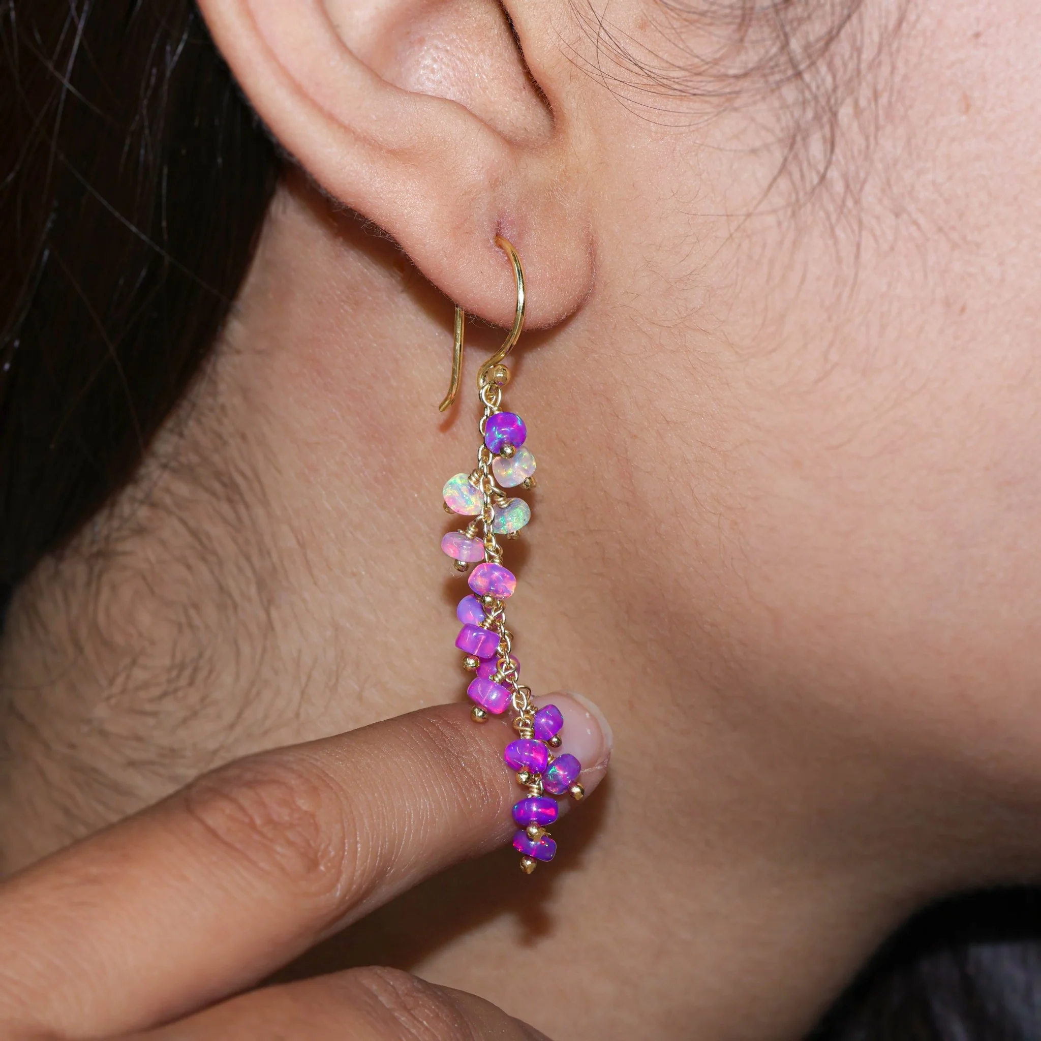 Natural Lavender fire Opal beaded cluster earrings - Image 4