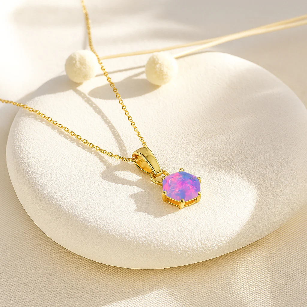 Natural Lavender Opal Hexagon Solitaire Pendant Necklace in 925 Sterling Silver 1.20ct - Image 5
