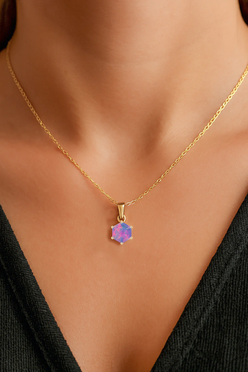 Natural Lavender Opal Hexagon Solitaire Pendant Necklace in 925 Sterling Silver 1.20ct - Image 7