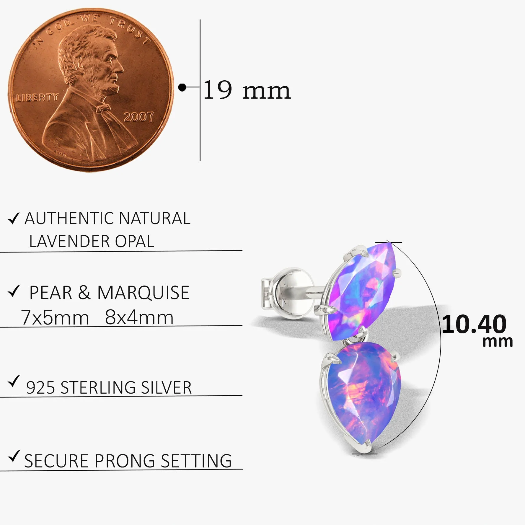Natural Lavender Opal Marquise & Pear Two Stone Stud Earrings - Image 5