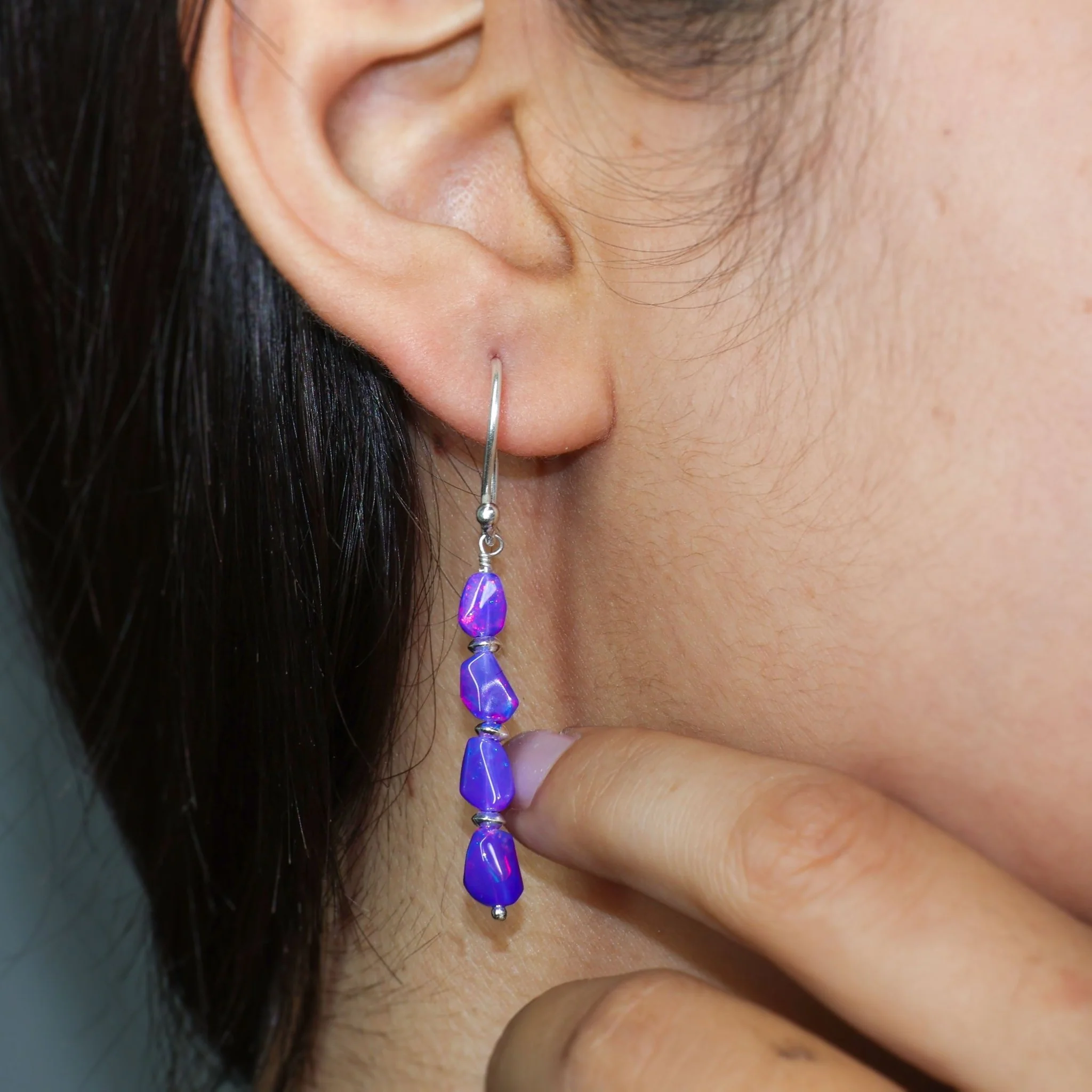Natural Lavender Opal Tumble Bead Linear Dangle Earrings - Image 4
