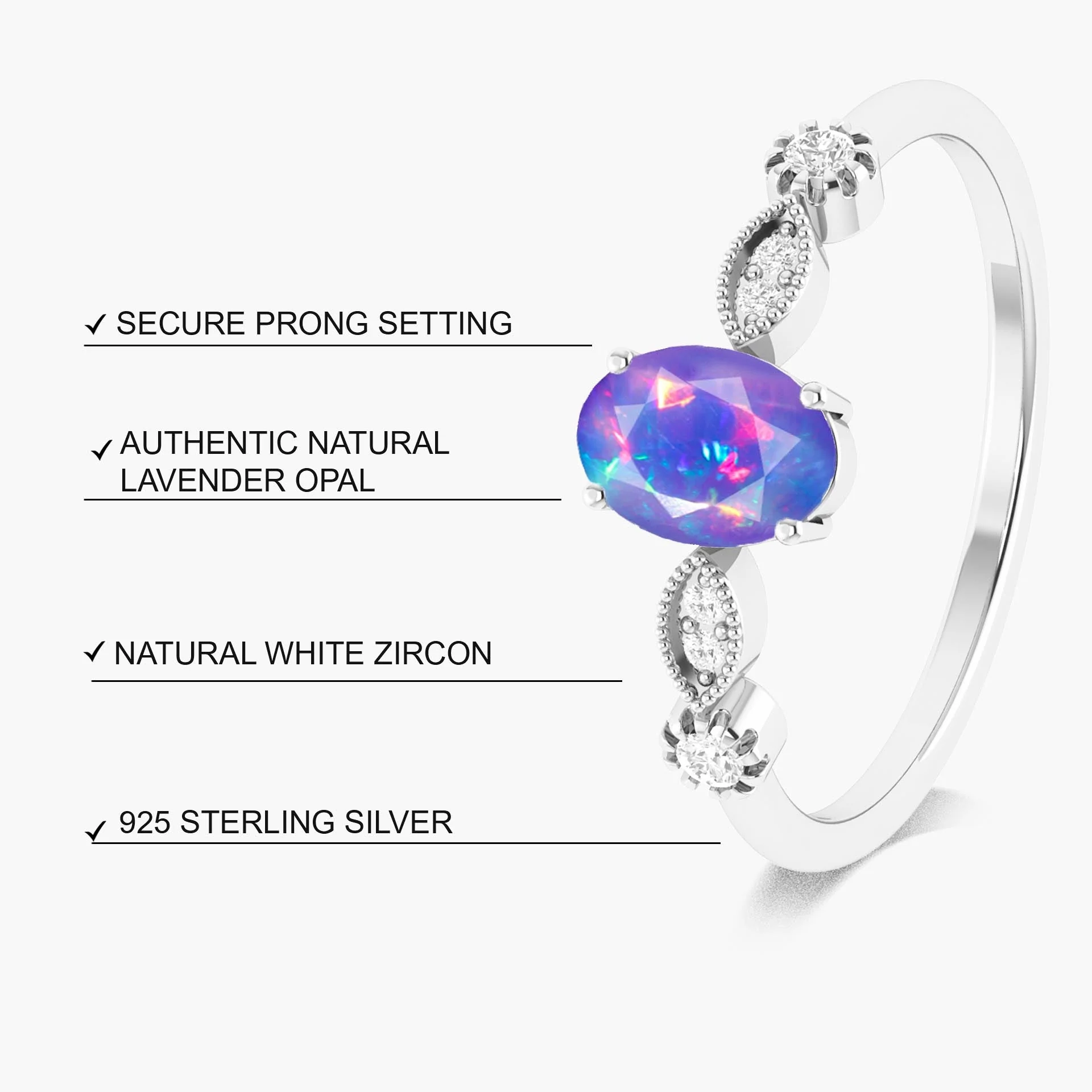 Natural Lavender Opal with White Zircon Side Stone Solitaire Ring - Image 4