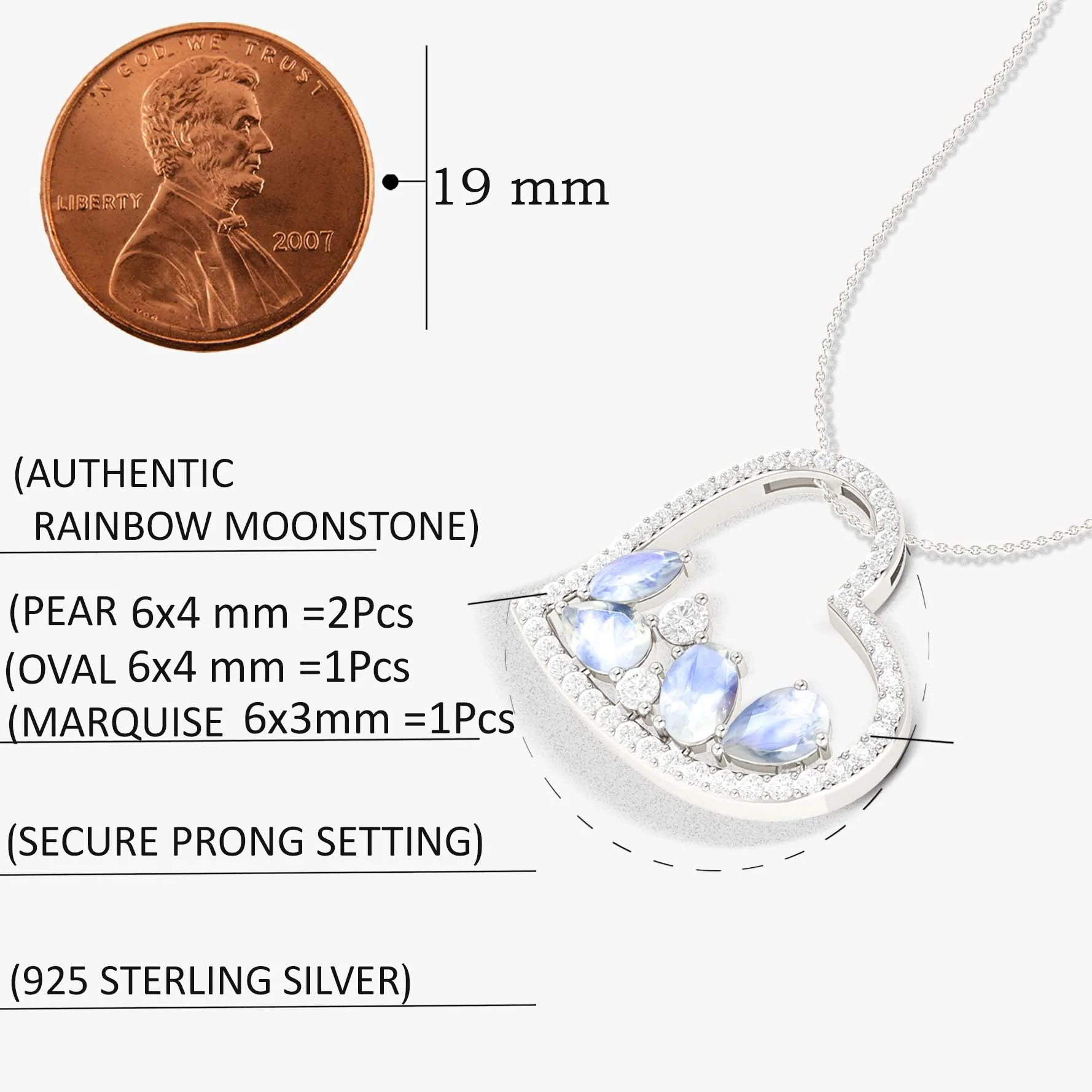 Natural Moonstone 4 Stone Heart Chain Pendant Necklace - Image 5