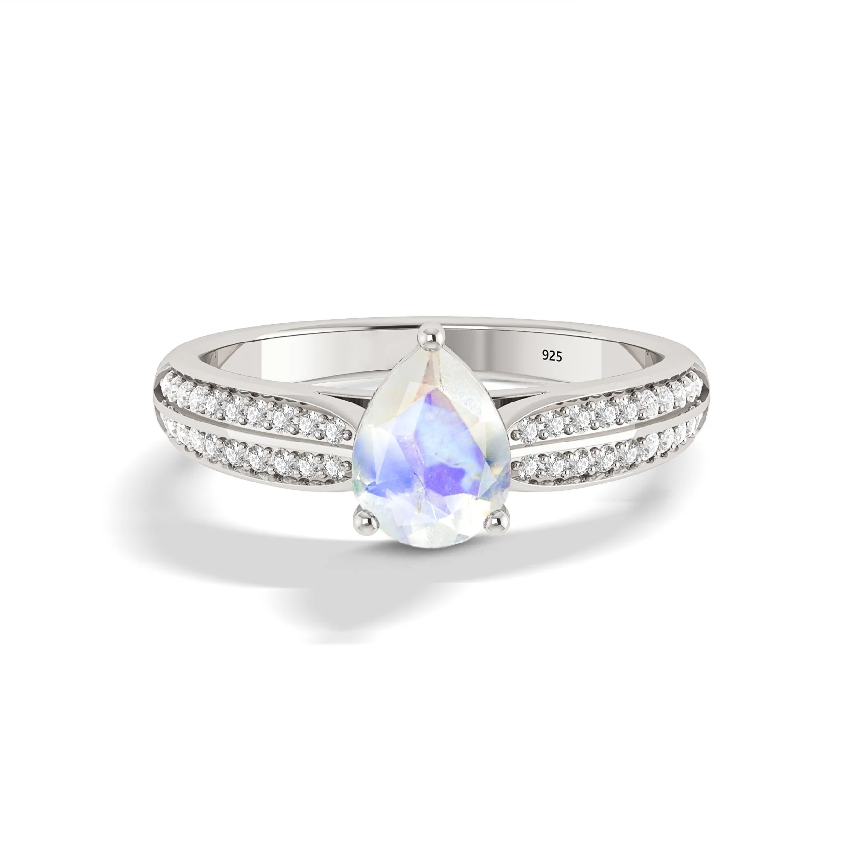 Natural Moonstone and White Zircon Solitaire with Accents Ring