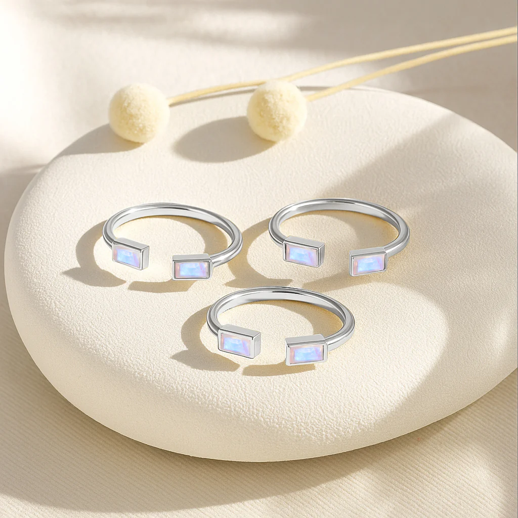 Natural Horizontal Moonstone Baguette Open Ring in 925 Sterling Silver 5x2mm 0.80ct - Image 5