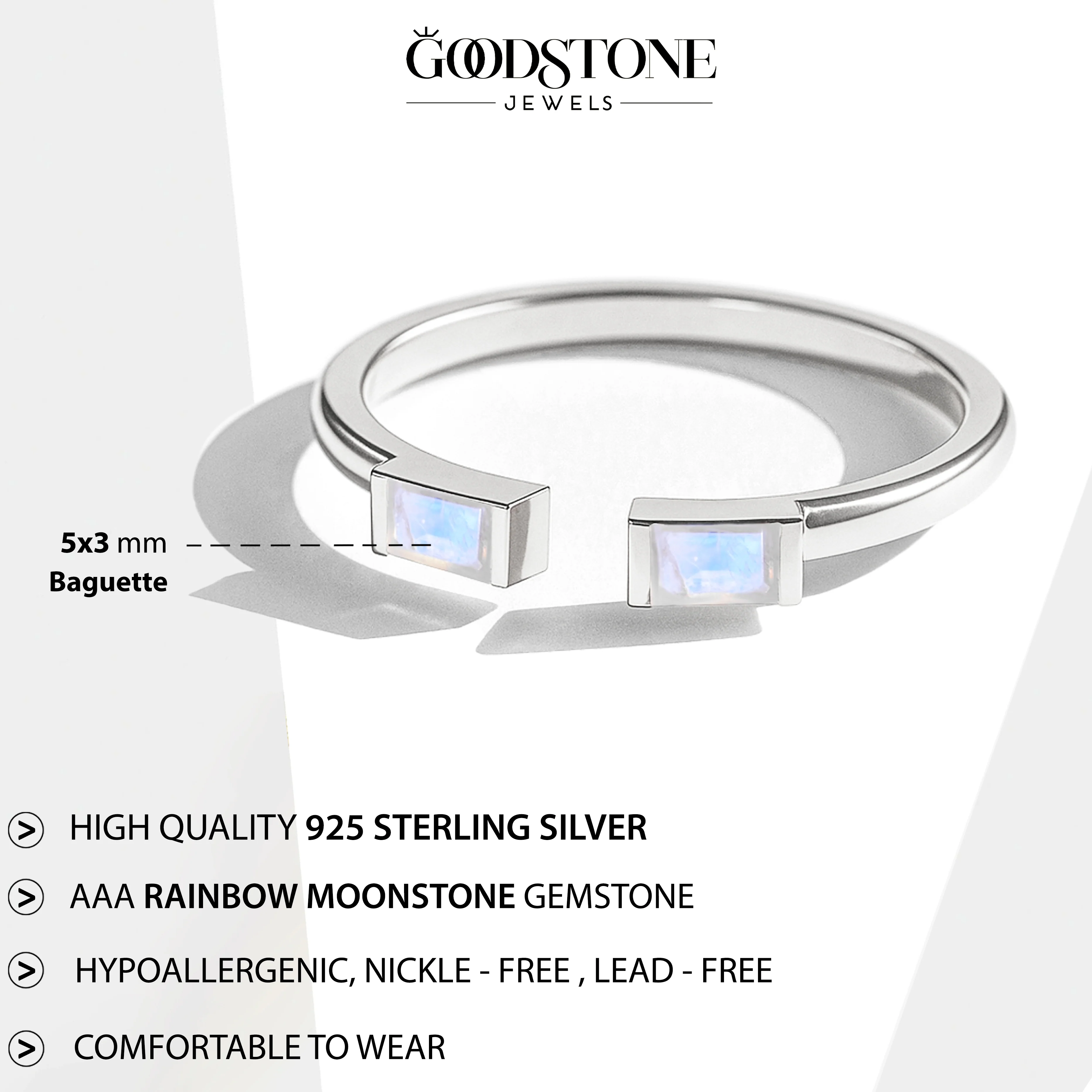 Natural Horizontal Moonstone Baguette Open Ring in 925 Sterling Silver 5x2mm 0.80ct - Image 6