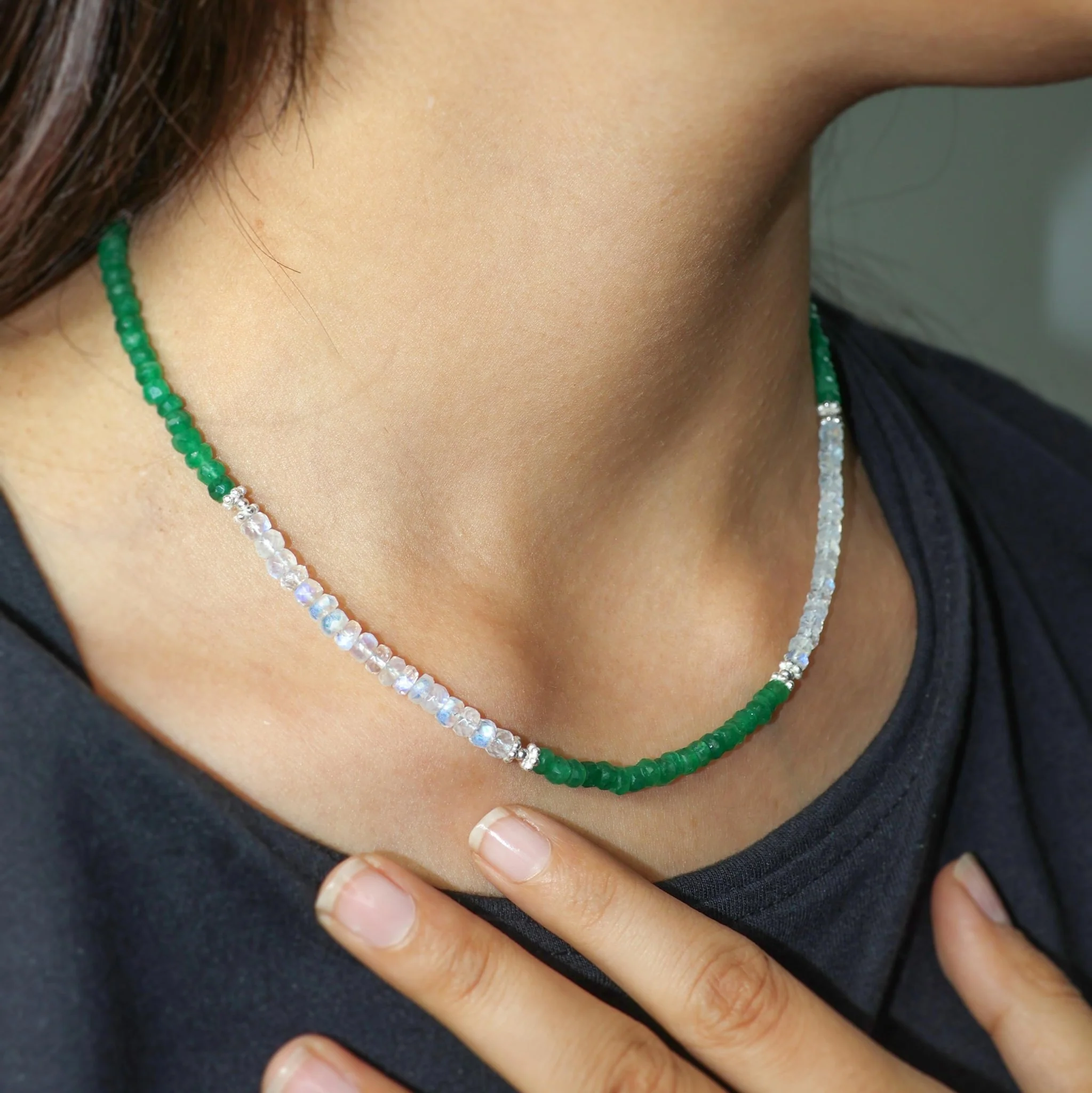 Natural Moonstone & Emerald Beaded Necklace - Image 3