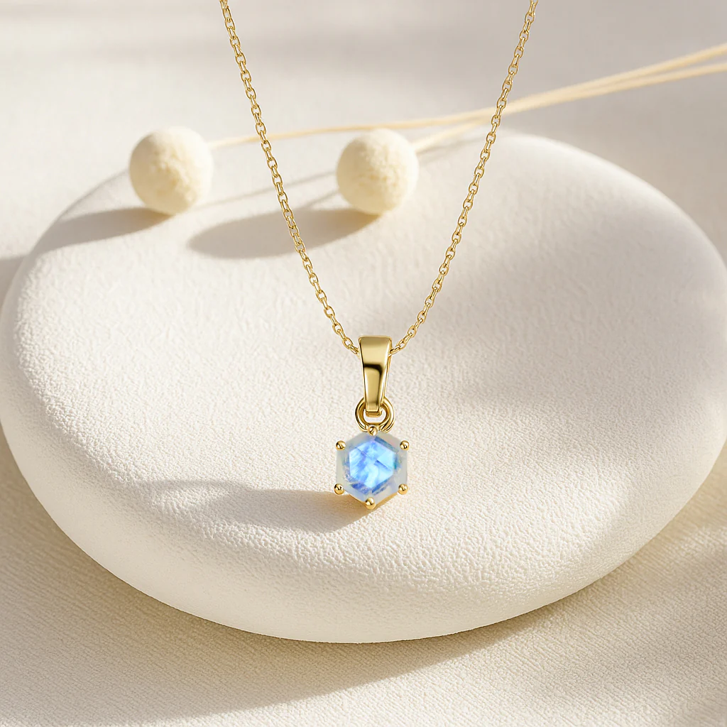 Natural Moonstone Hexagon Solitaire Pendant Necklace in 925 Sterling Silver 1.50ct - Image 4
