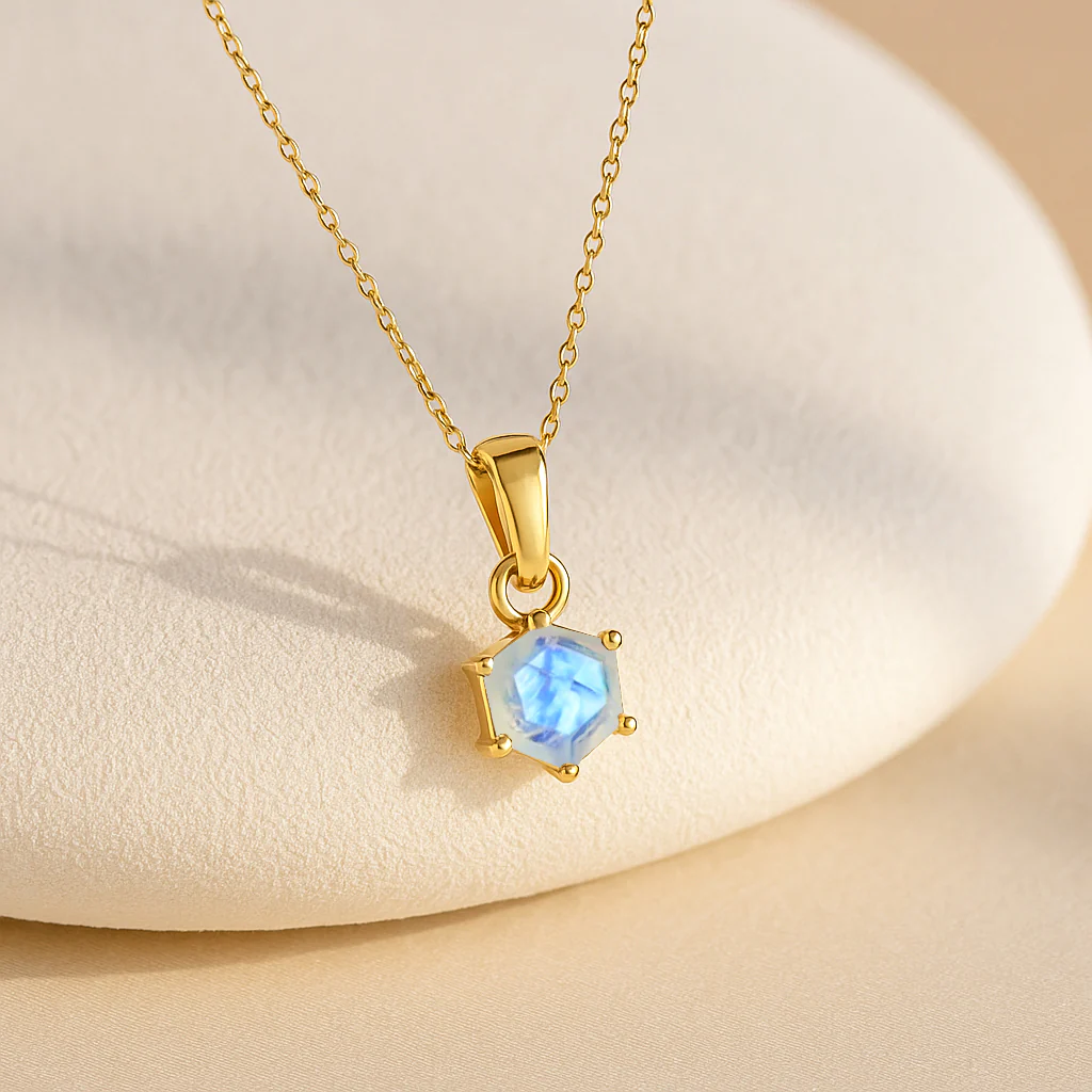 Natural Moonstone Hexagon Solitaire Pendant Necklace in 925 Sterling Silver 1.50ct - Image 6