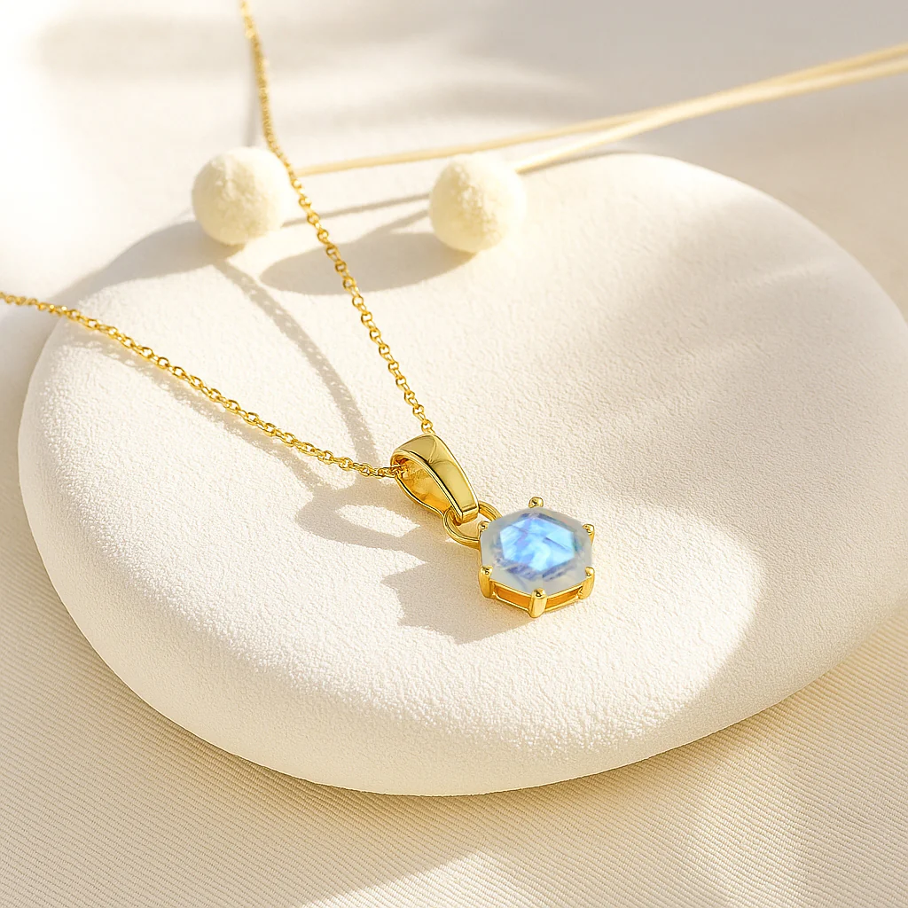 Natural Moonstone Hexagon Solitaire Pendant Necklace in 925 Sterling Silver 1.50ct - Image 7