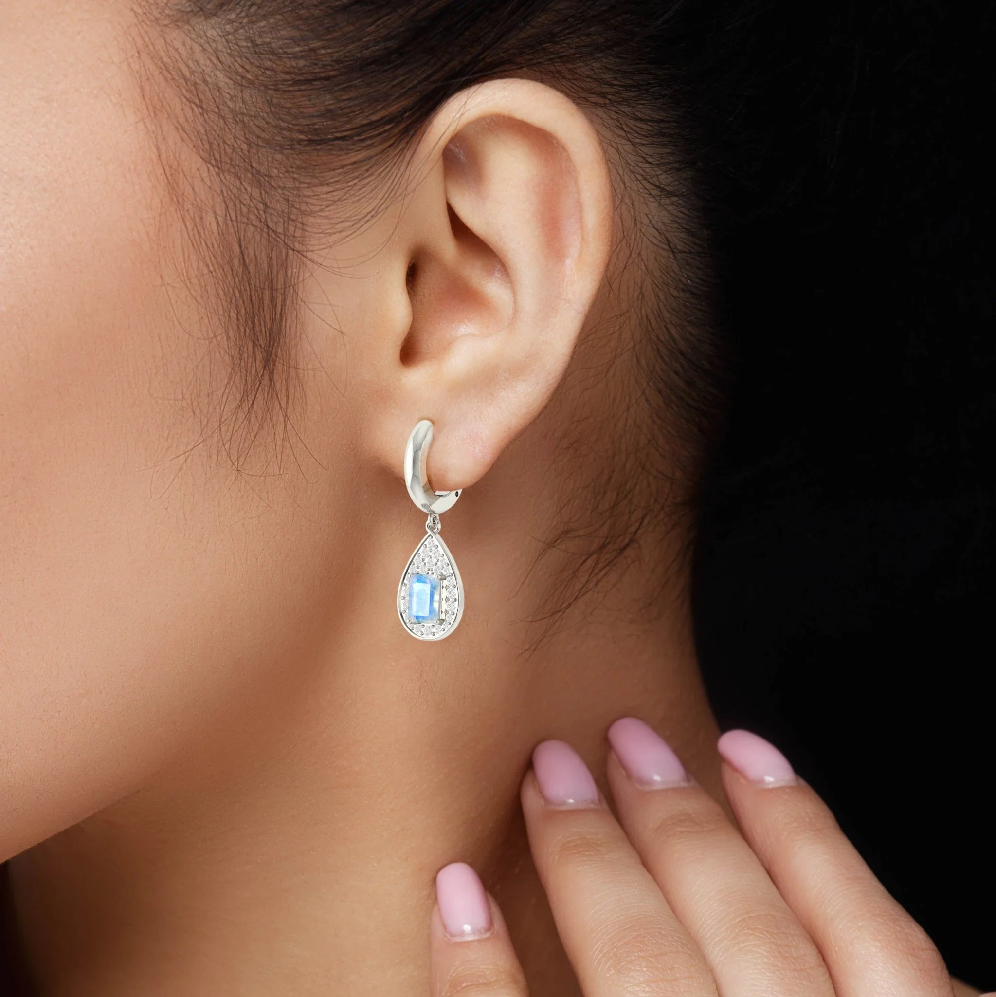 Natural Moonstone Hoop Tear Drop Earrings - Image 3