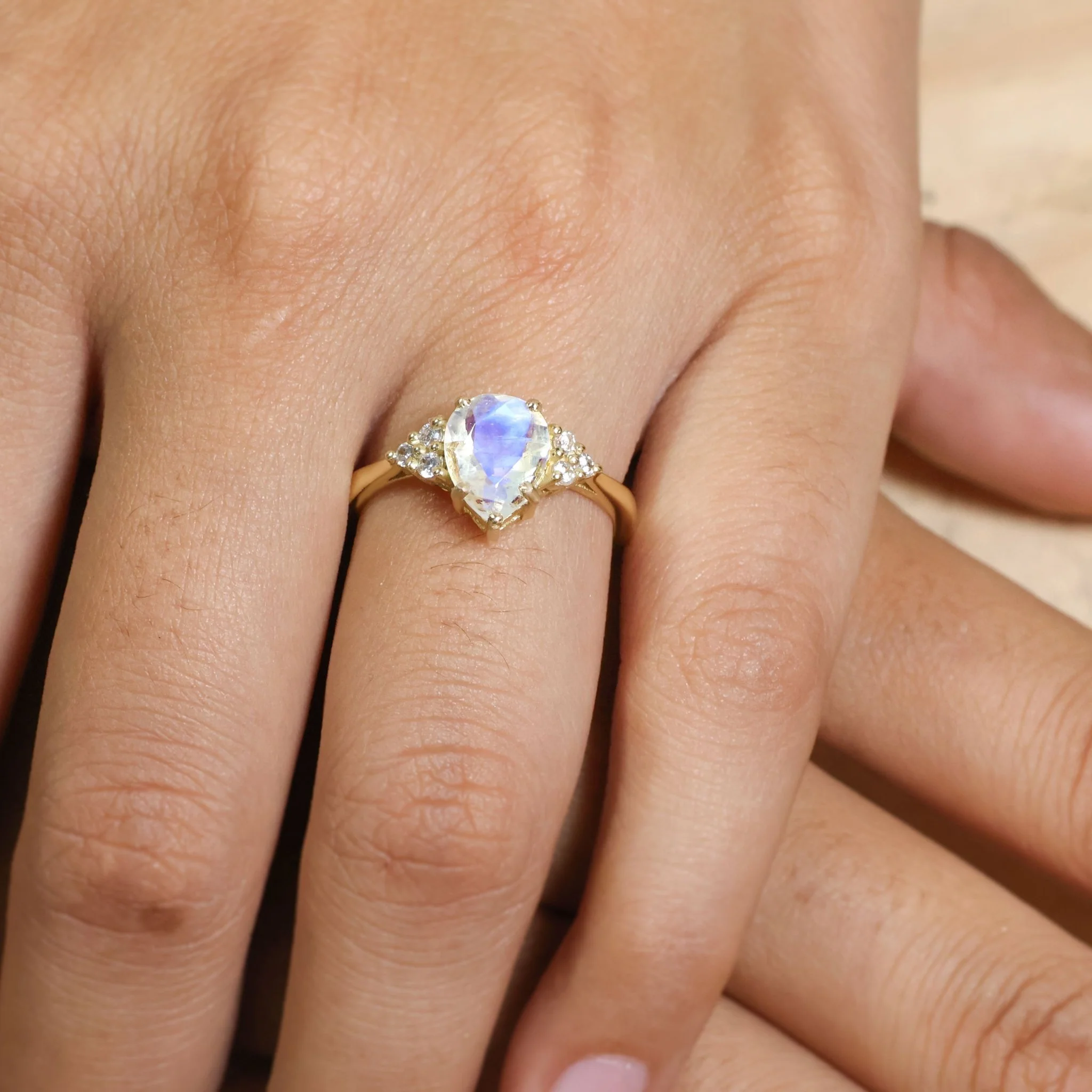 Natural Moonstone Pear Shape & White Zircon Solitaire with Accents Ring - Image 3