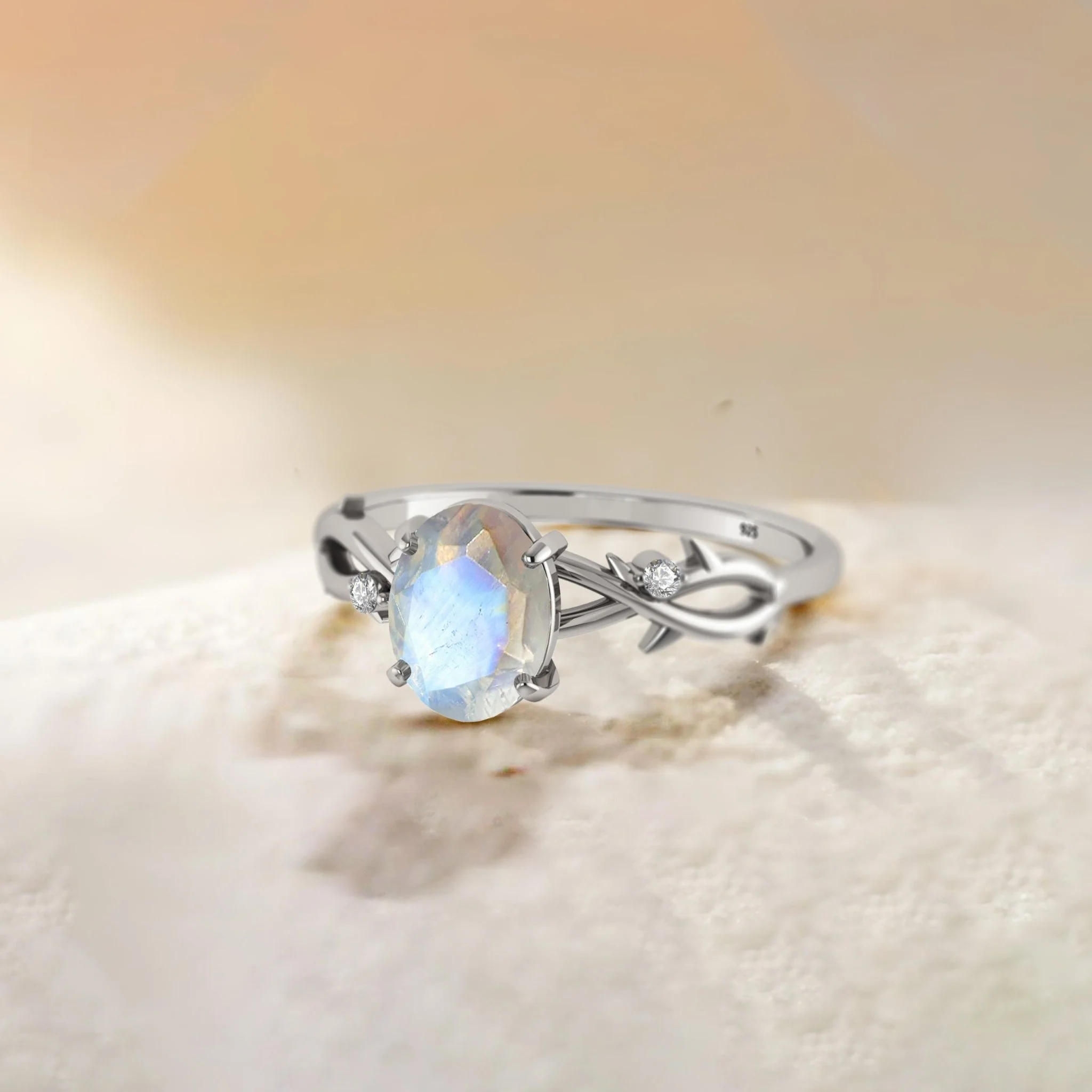 Natural Moonstone with Side Stone Crossover Solitaire Ring - Image 6