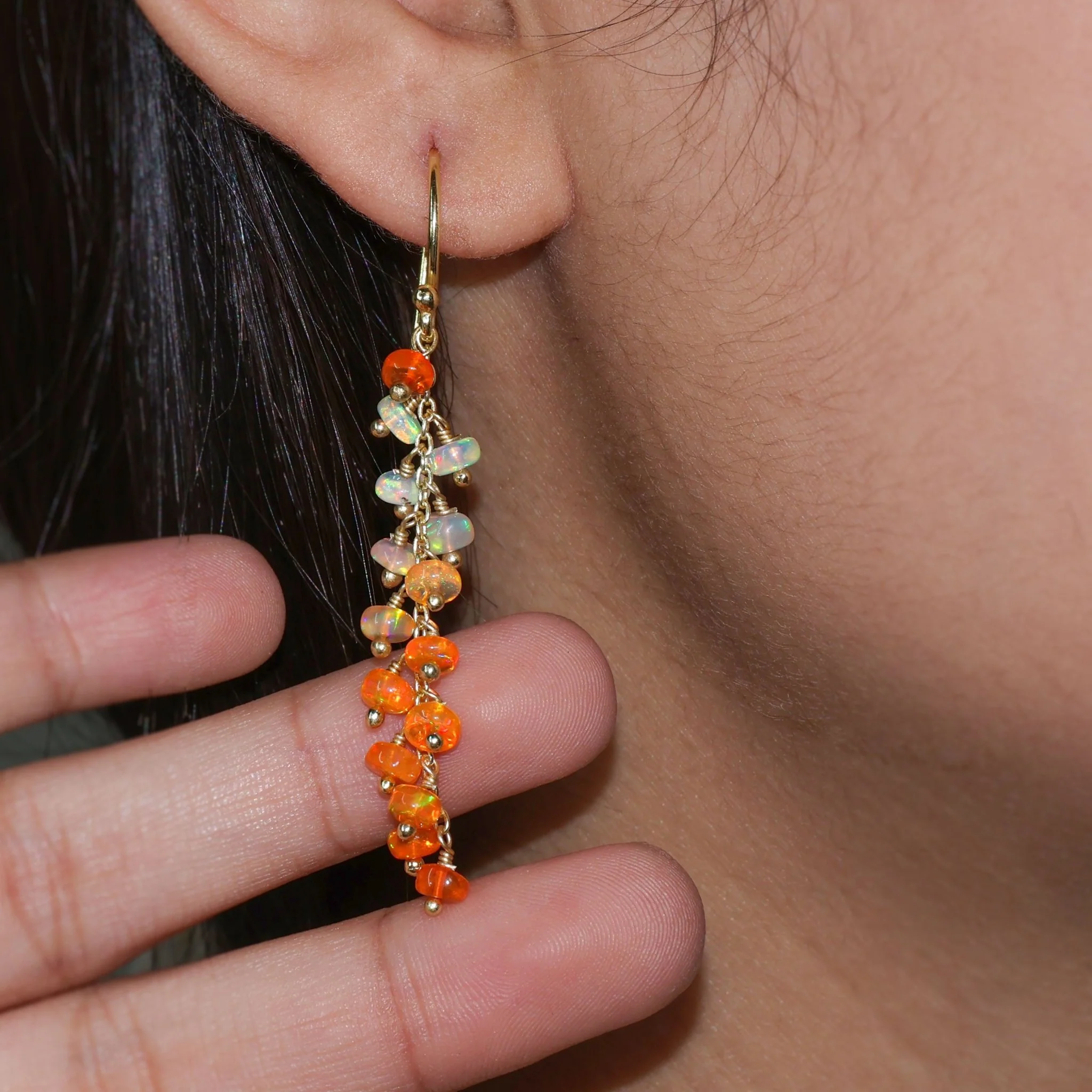 Natural Orange Opal Beaded Long Cluster Dangle Earrings - Image 3