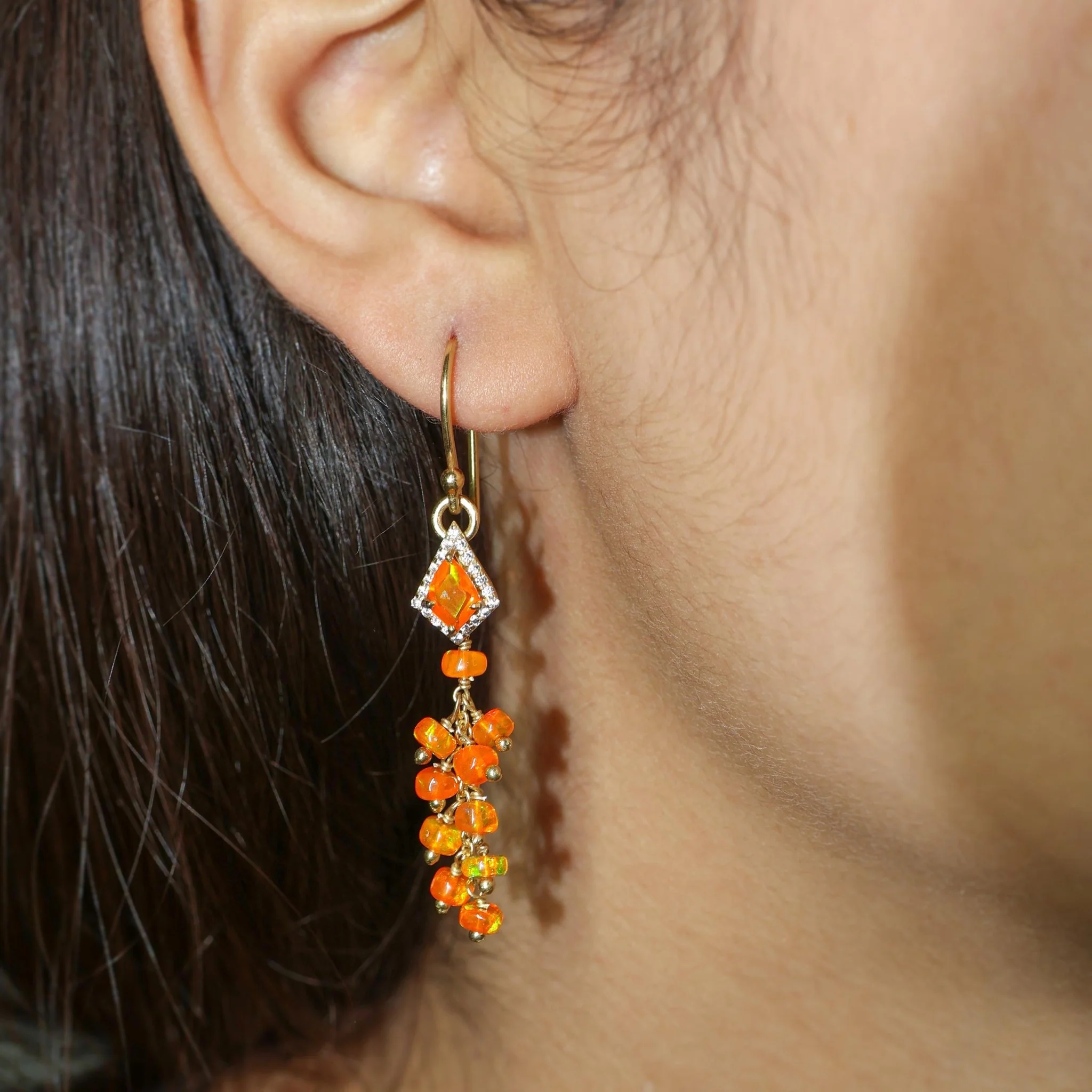 Natural Orange Opal Kite Charm Beaded Cluster Earrings - Image 3
