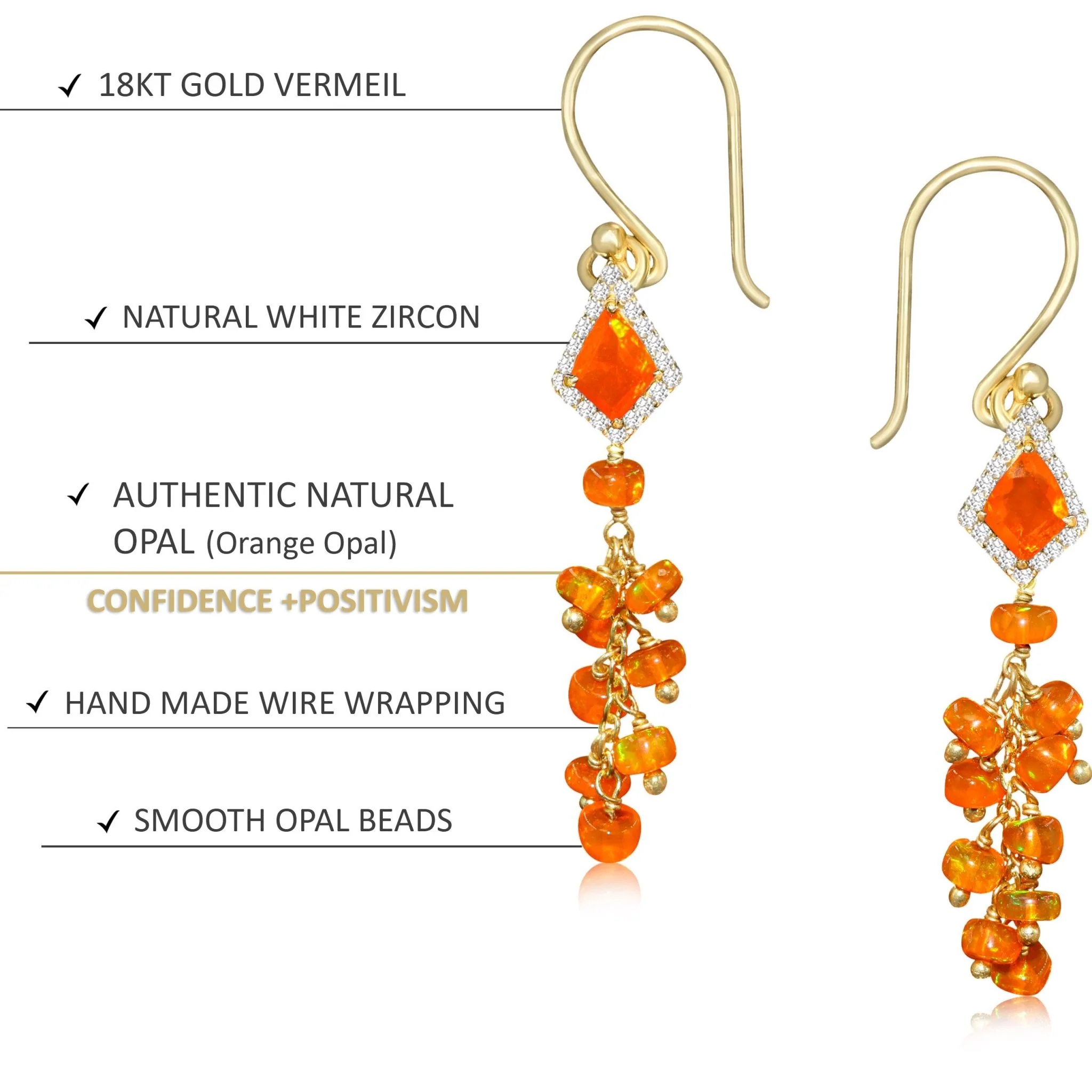 Natural Orange Opal Kite Charm Beaded Cluster Earrings - Image 4