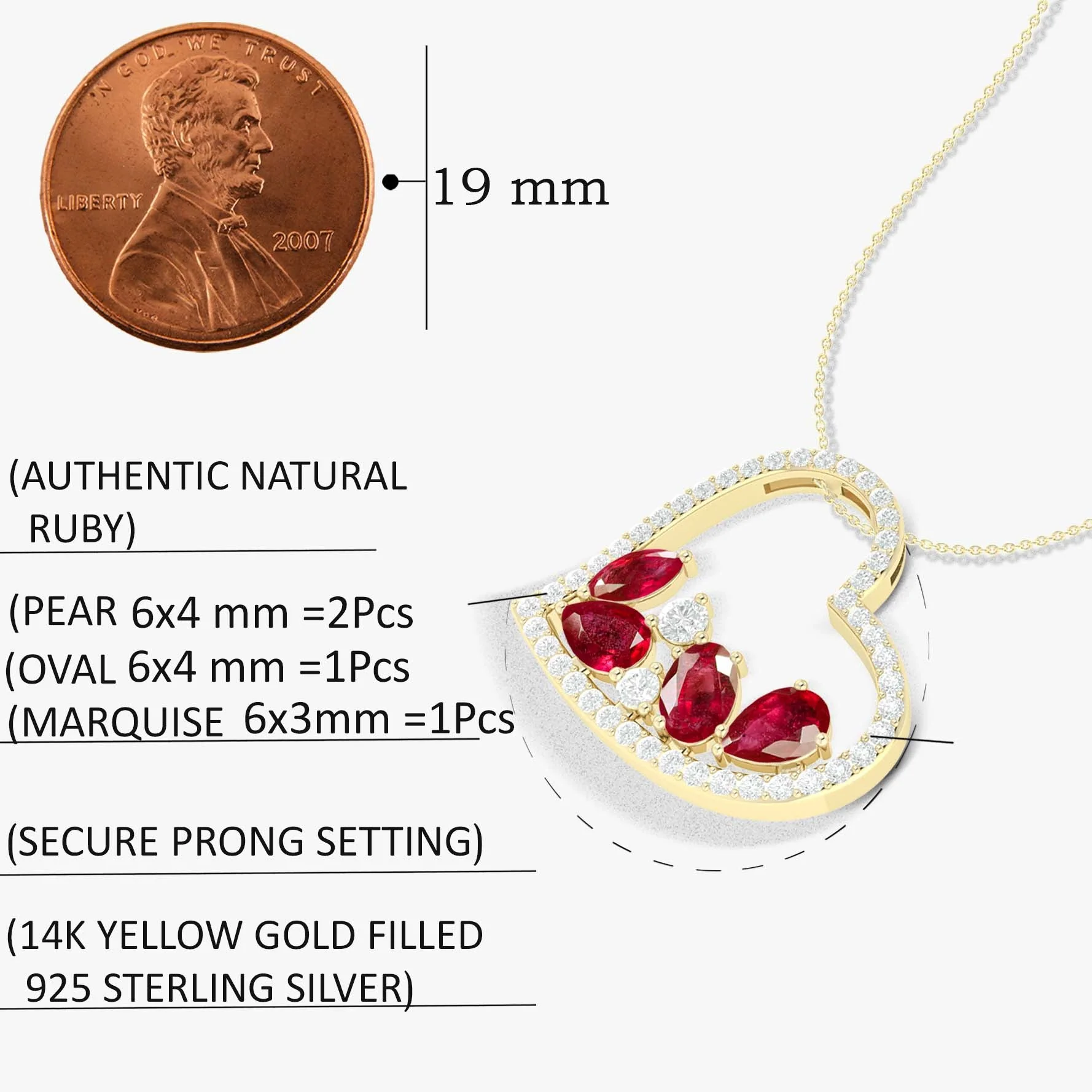 Natural Ruby 4 Stone Heart Chain Pendant Necklace - Image 5