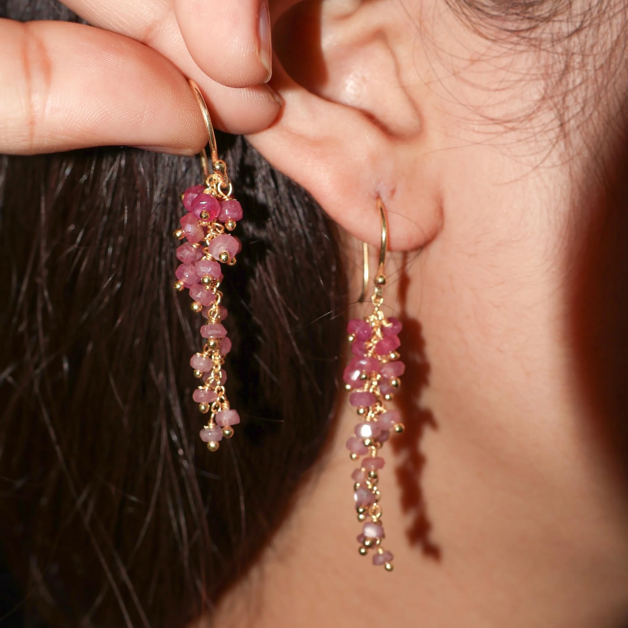 Natural Ruby Beaded Long Cluster Dangle Earrings - Image 4
