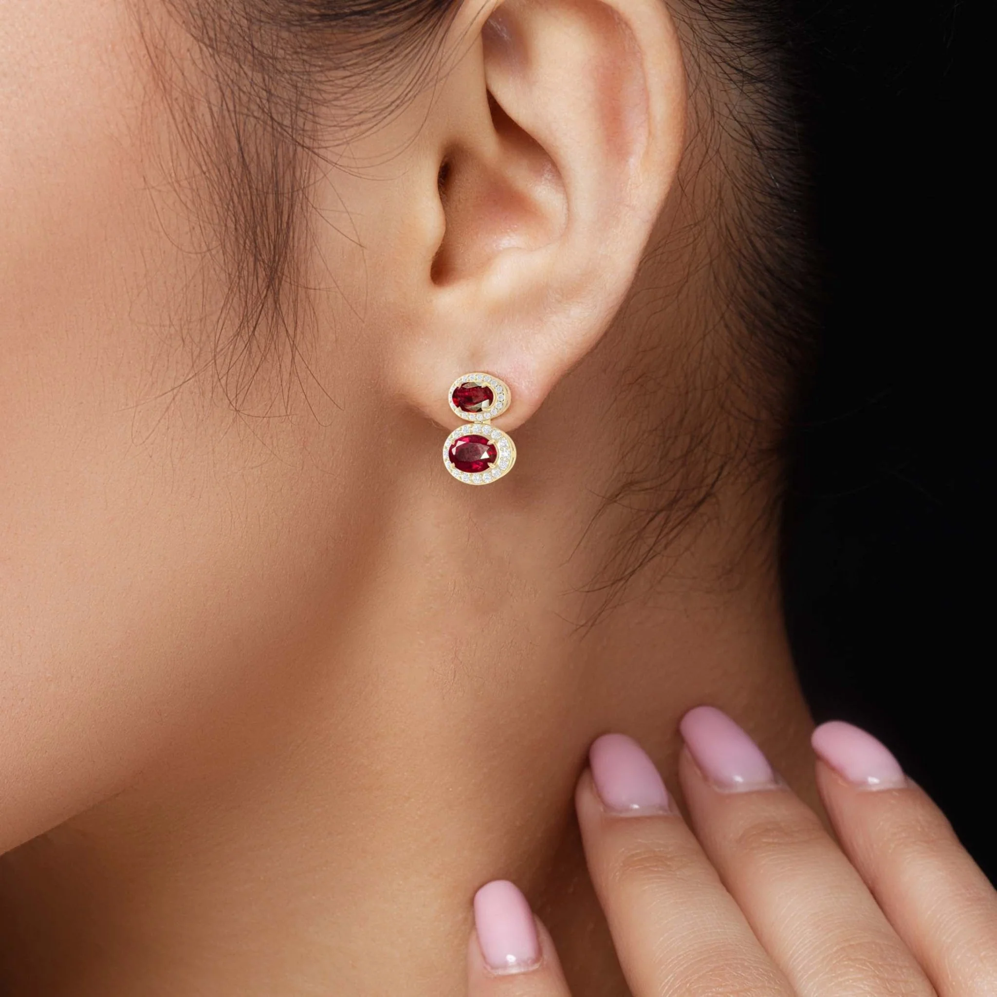 Natural Ruby Dual Stone Halo Stud Earrings - Image 2