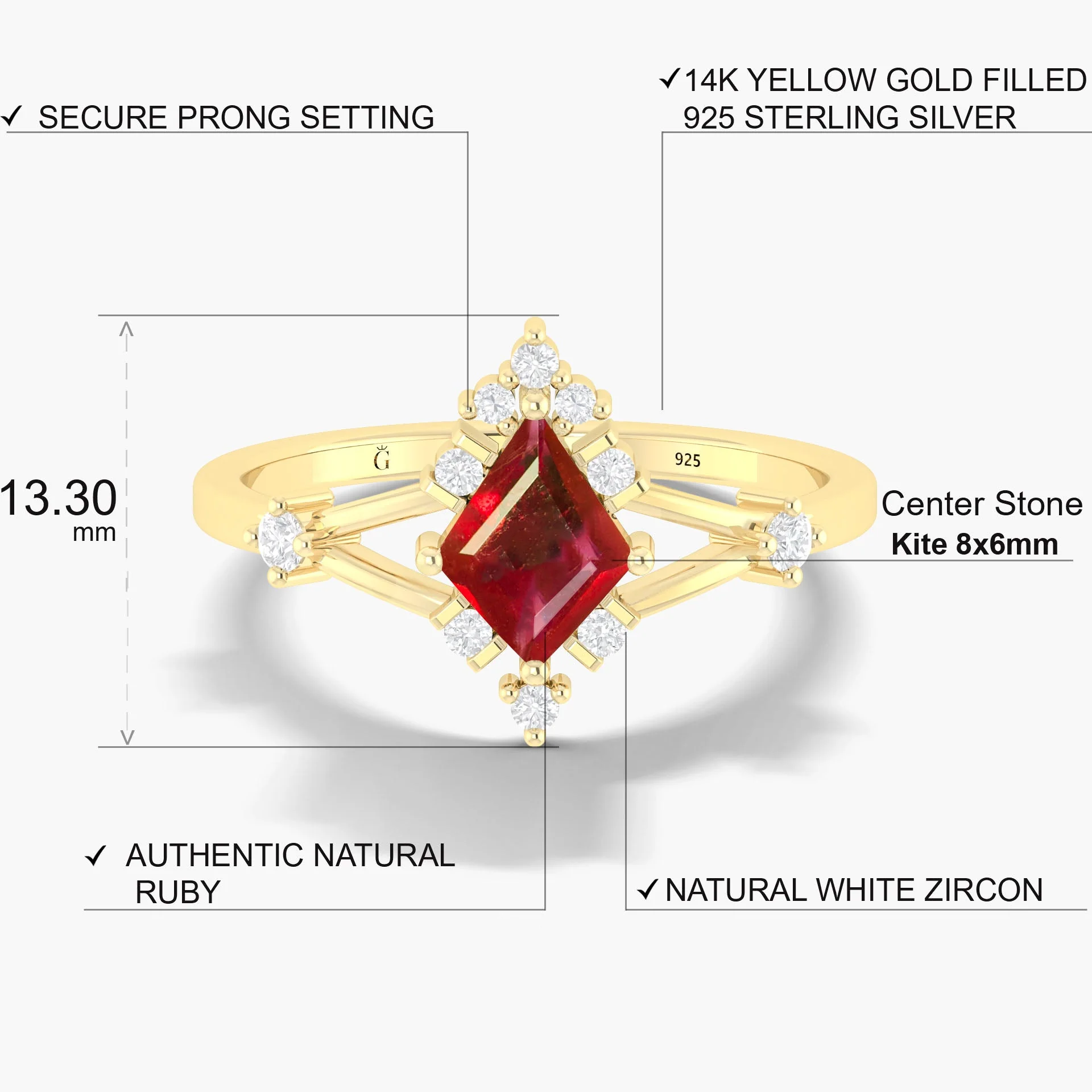Natural Ruby Kite Halo Wedding Ring with White Zircon - Image 4
