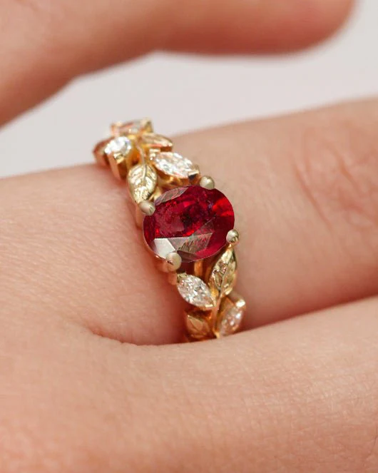 Natural Ruby Leaf Ring with White Zircon - Image 2