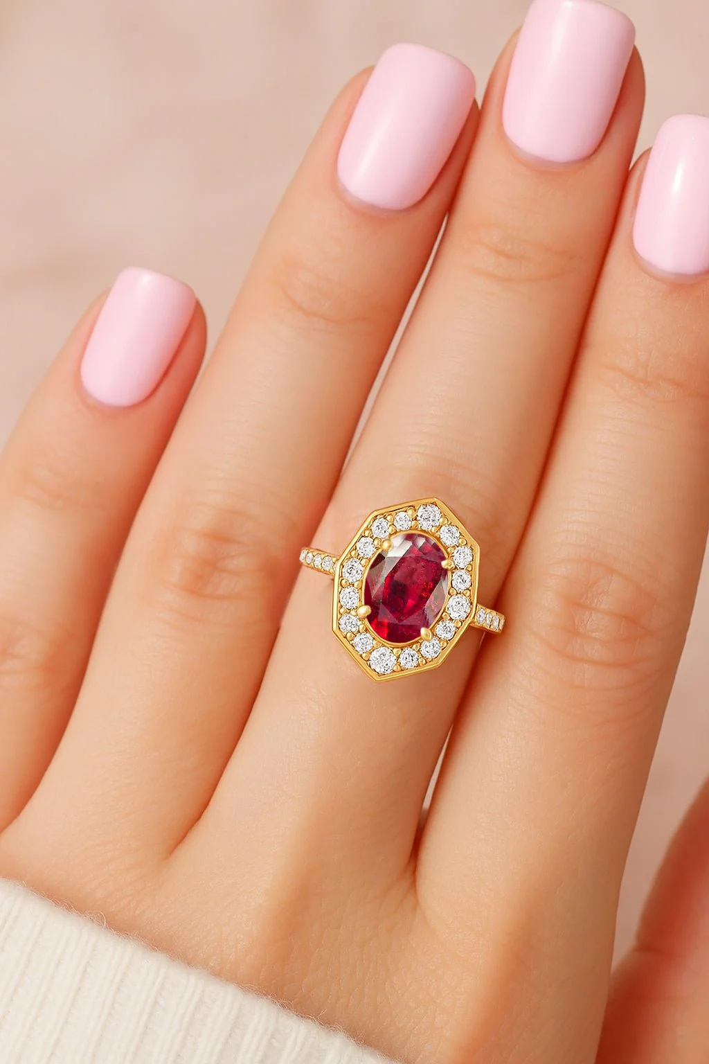 Natural Ruby with White Zircon Engagement Halo Ring - Image 3