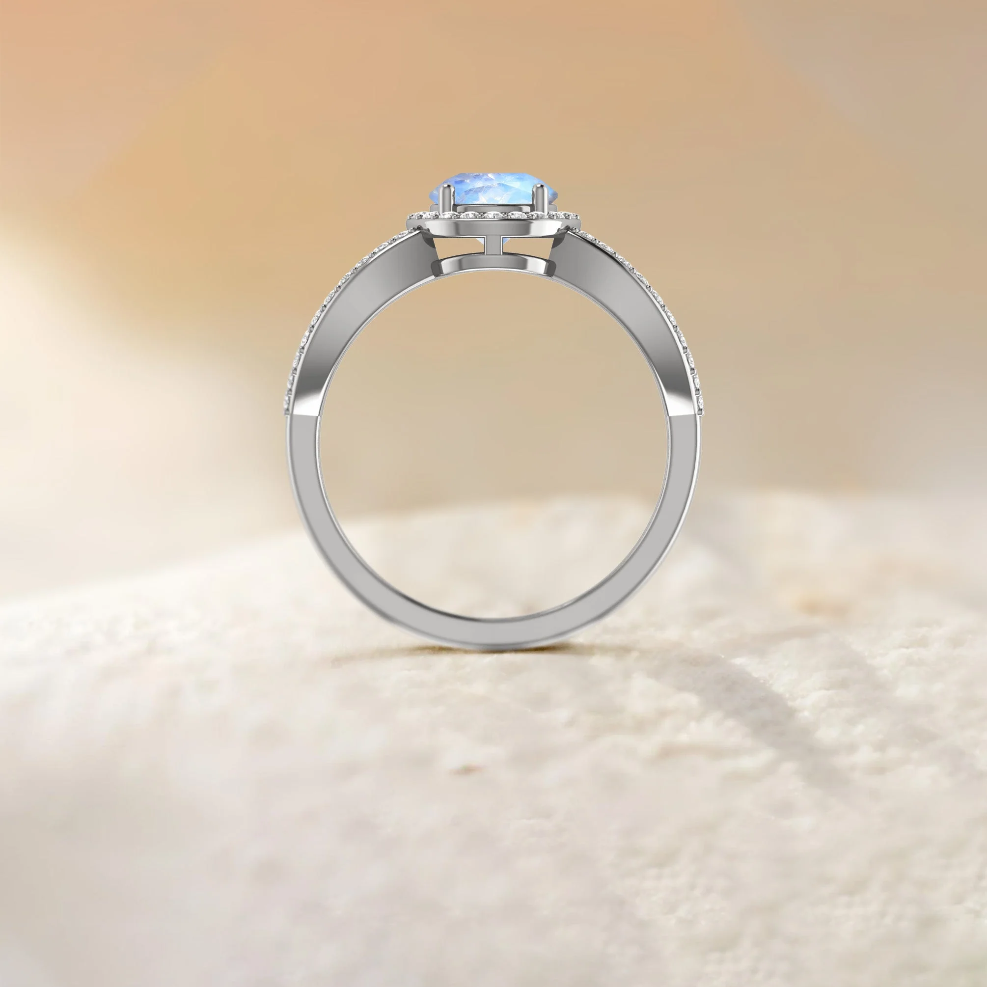 Natural Sparkling Rainbow Moonstone Halo Engagement Ring - Image 5
