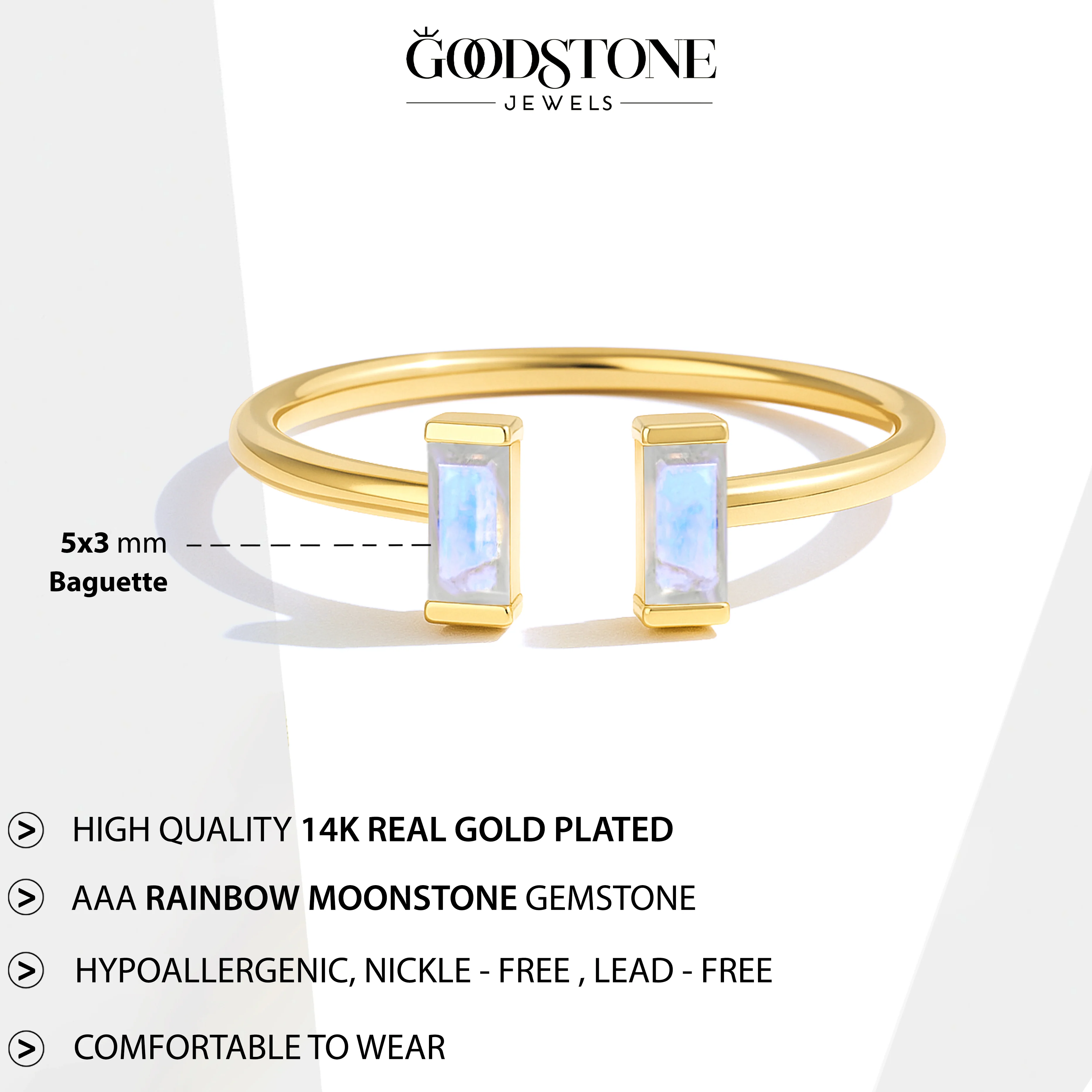 Natural Vertical Moonstone Baguette Open Ring in 925 Sterling Silver 5x2mm 0.80ct - Image 17