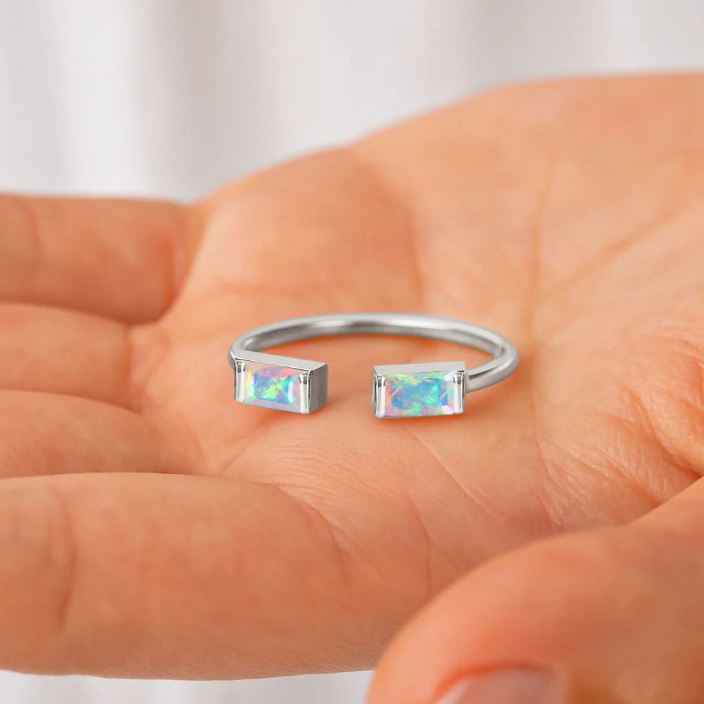 Natural White Horizontal Opal Baguette Open Ring in 925 Sterling Silver 5x2mm 0.50ct - Image 3