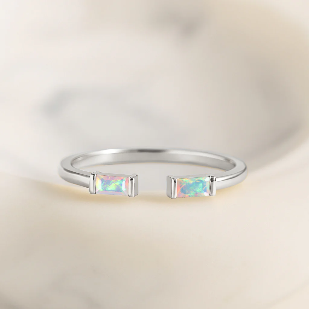 Natural White Horizontal Opal Baguette Open Ring in 925 Sterling Silver 5x2mm 0.50ct - Image 4