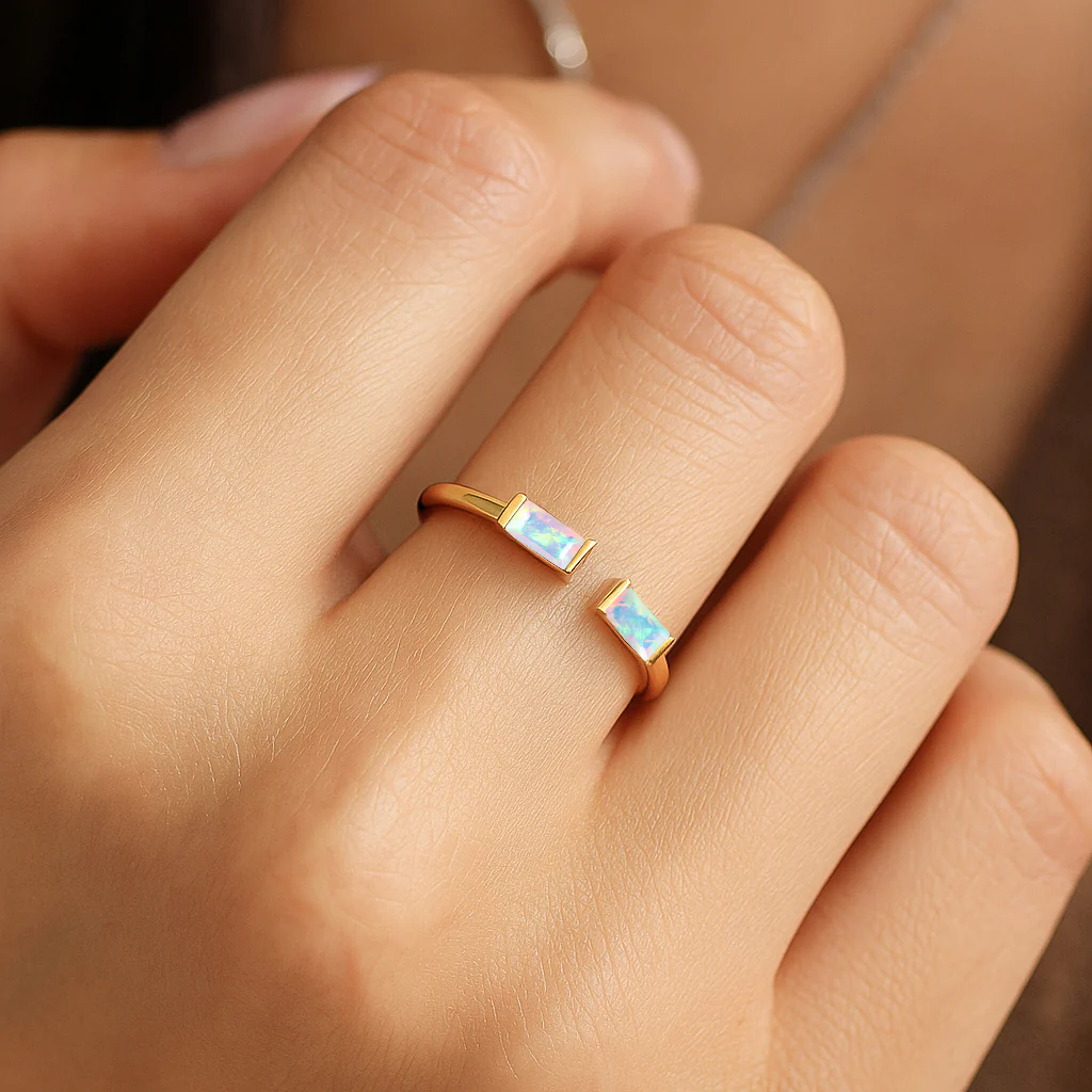 Natural White Horizontal Opal Baguette Open Ring in 925 Sterling Silver 5x2mm 0.50ct - Image 7