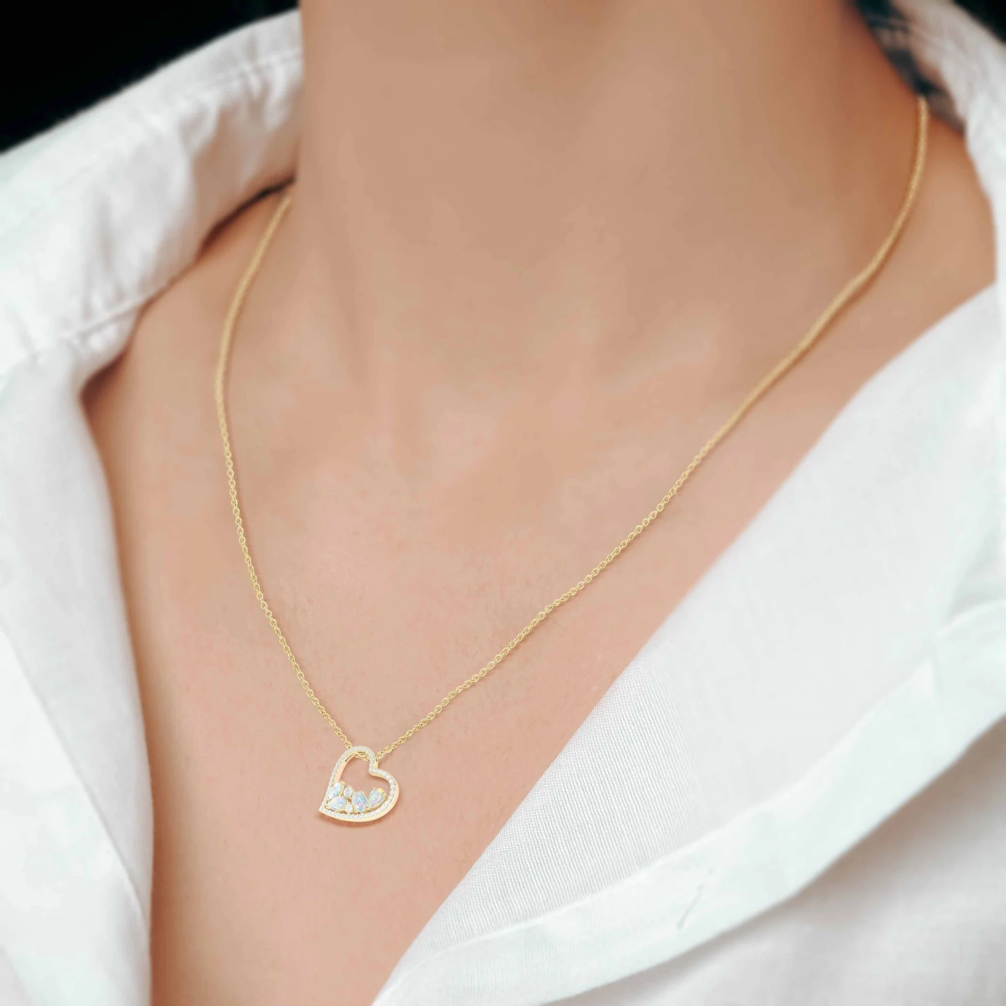 Natural White Opal 4 Stone Heart Chain Pendant Necklace - Image 2