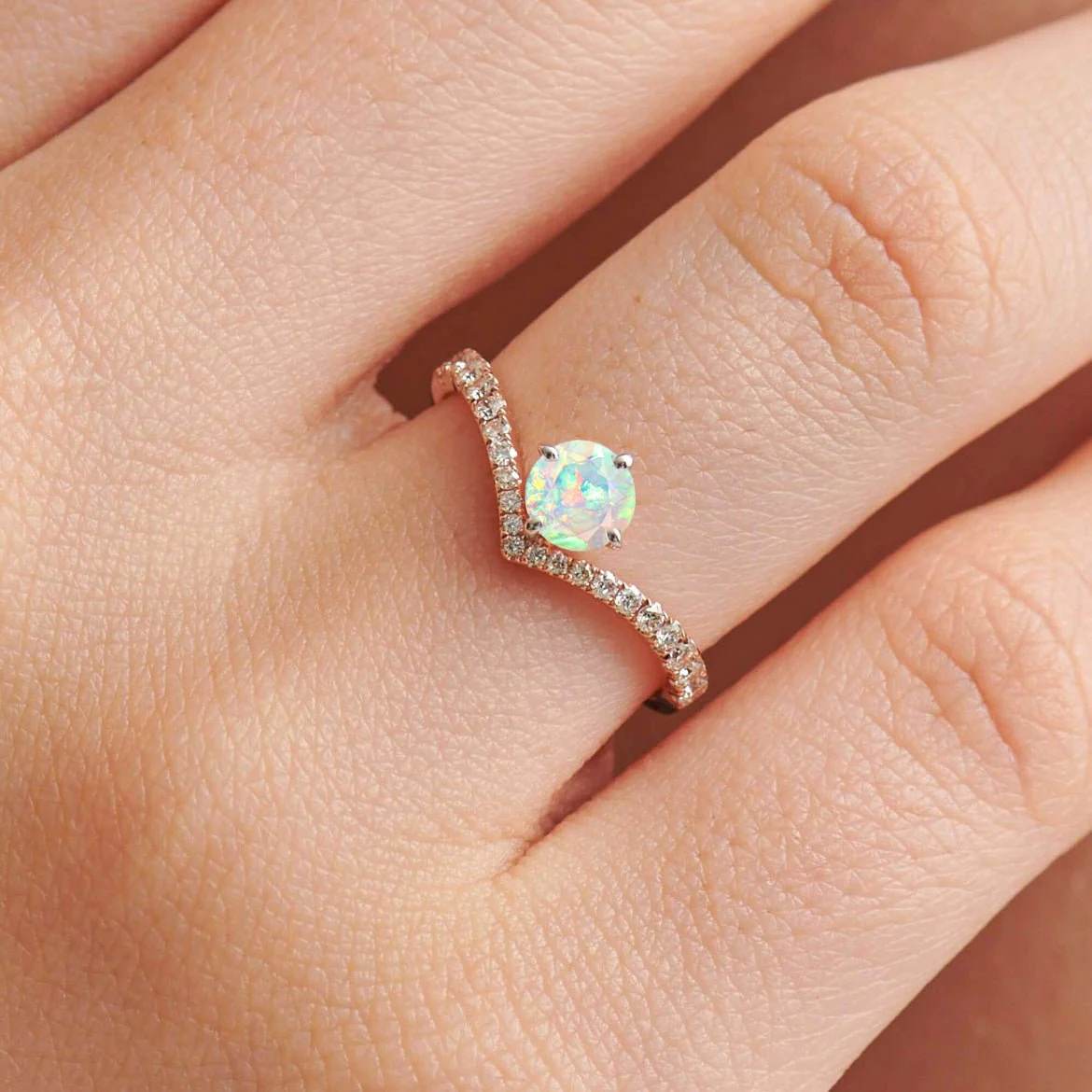 Natural White Opal and White Zircon Sparkling Wishbone Ring - Image 2