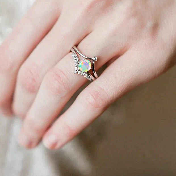 Natural White Opal and White Zircon Sparkling Wishbone Ring - Image 4
