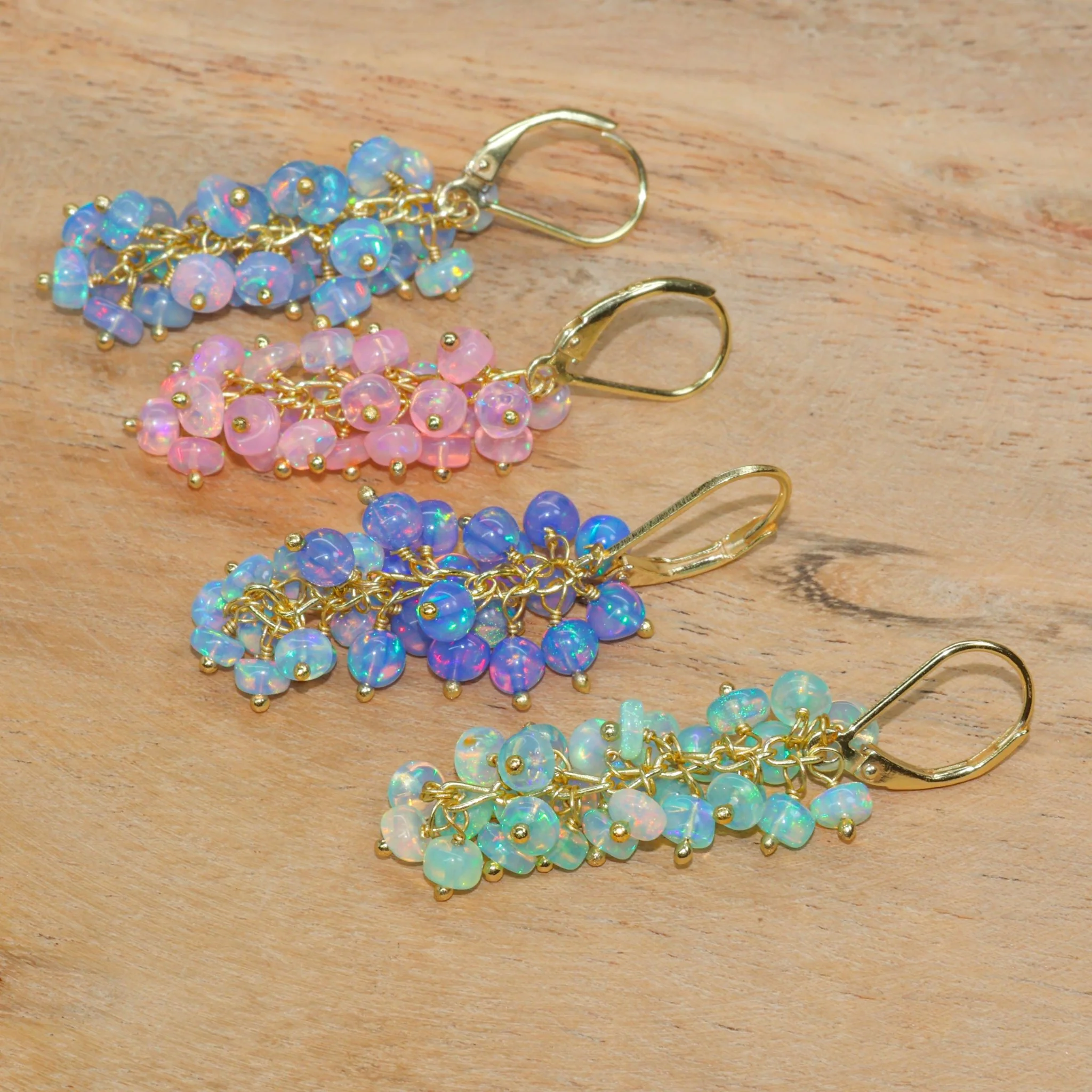 Natural White Opal Beaded Cluster Dangle Earrings - Image 4