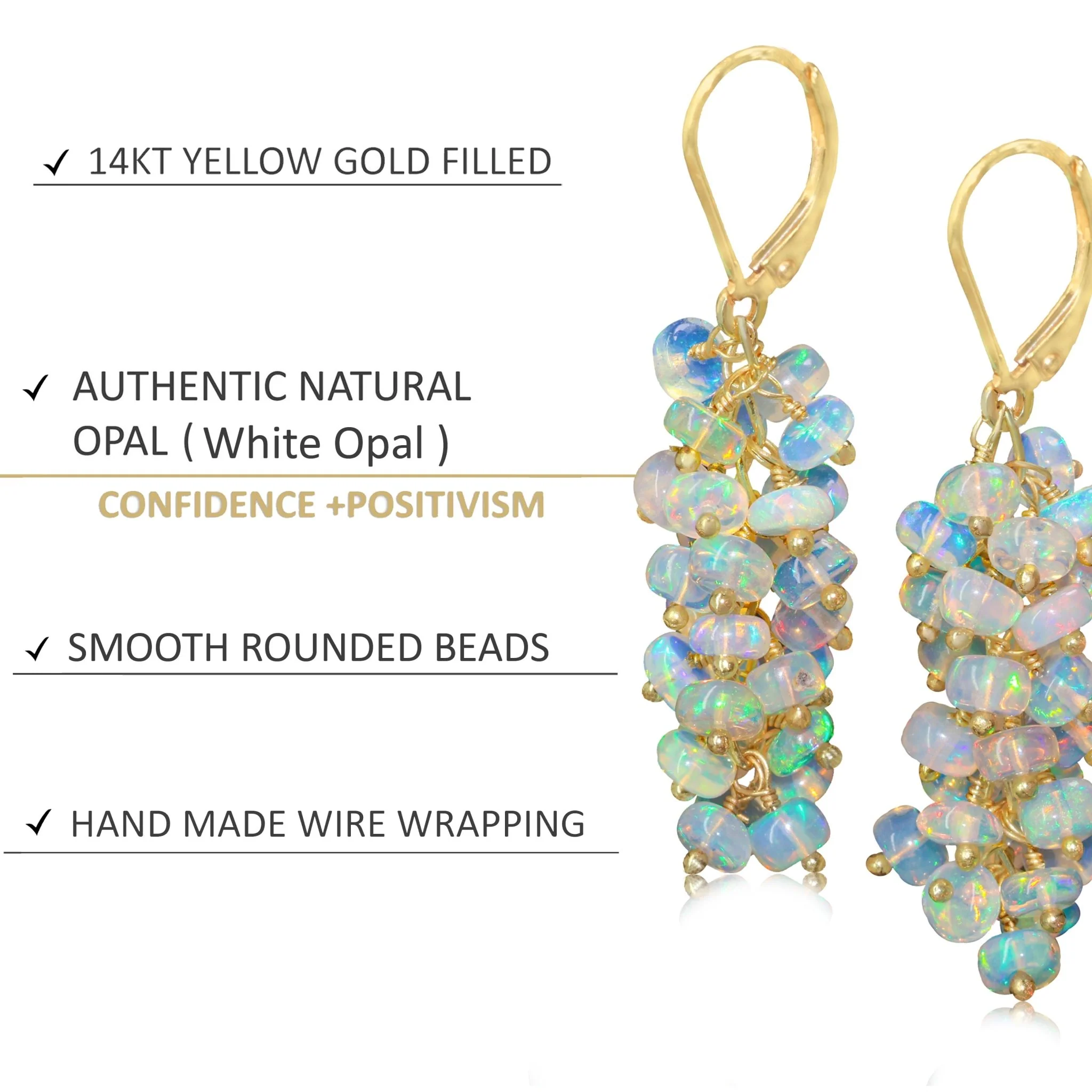 Natural White Opal Beaded Cluster Dangle Earrings - Image 5