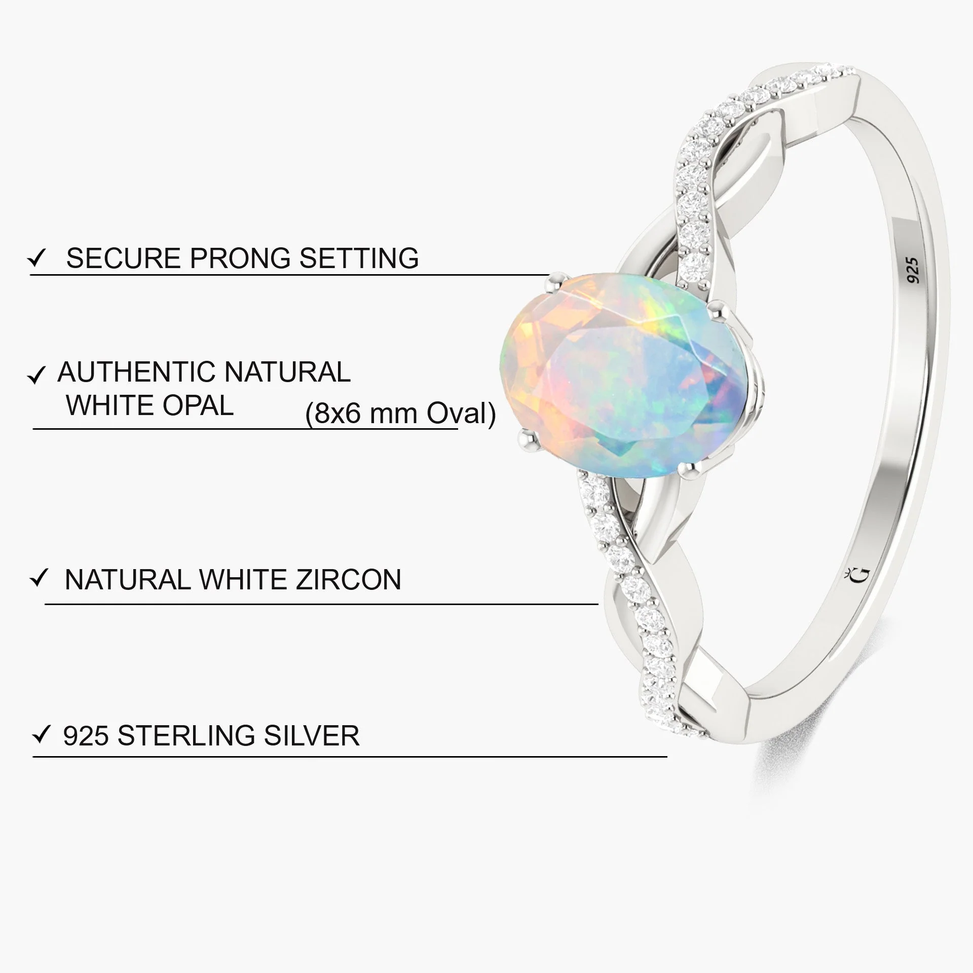 Natural White Opal Crossover Ring 8X6 MM - Image 5