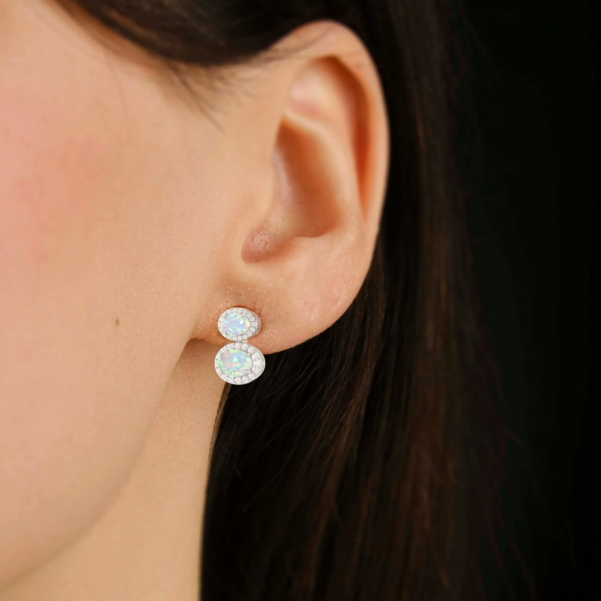 Natural White Opal Dual Stone Halo Stud Earrings - Image 3