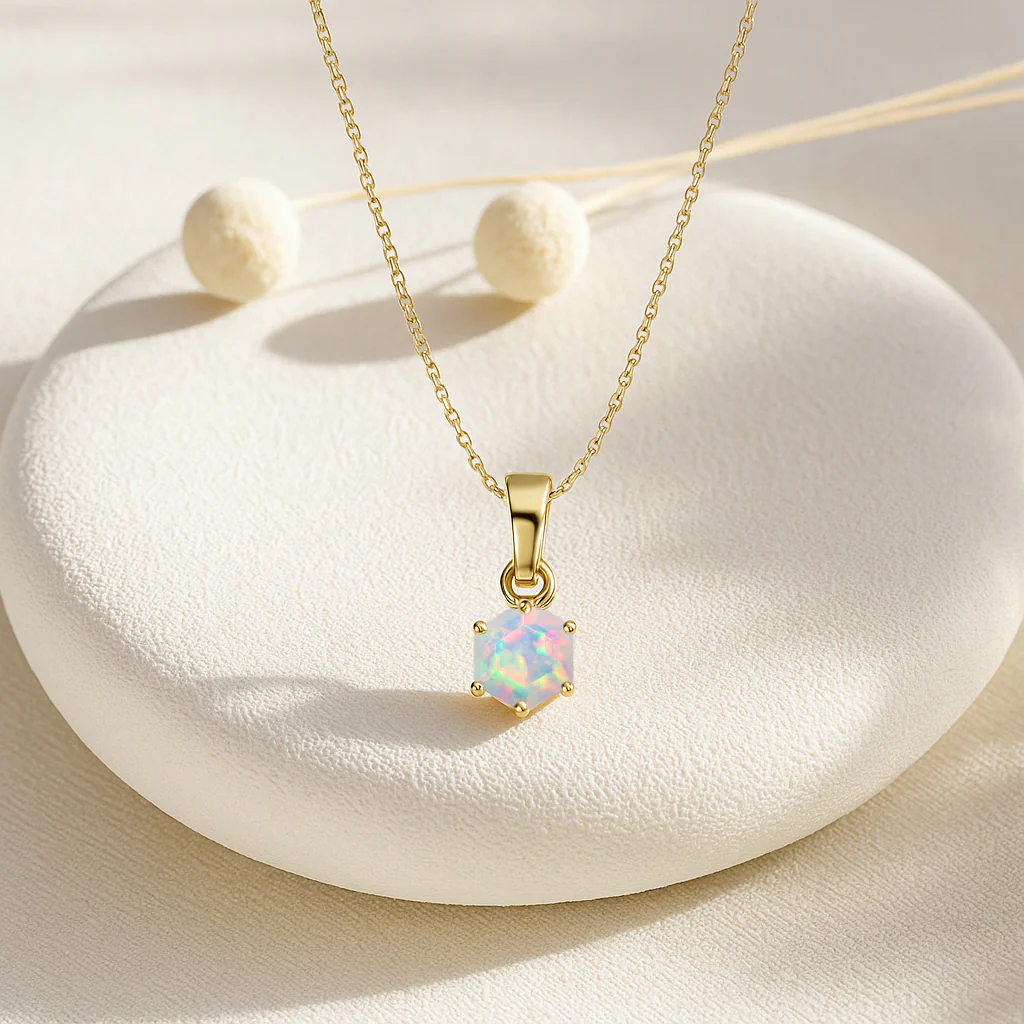 Natural White Opal Hexagon Solitaire Pendant Necklace in 925 Sterling Silver 1.20ct - Image 3