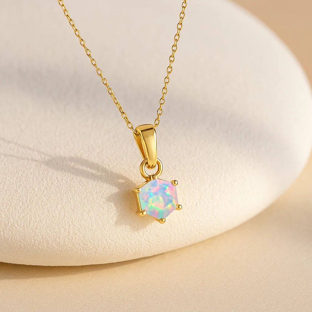 Natural White Opal Hexagon Solitaire Pendant Necklace in 925 Sterling Silver 1.20ct - Image 5