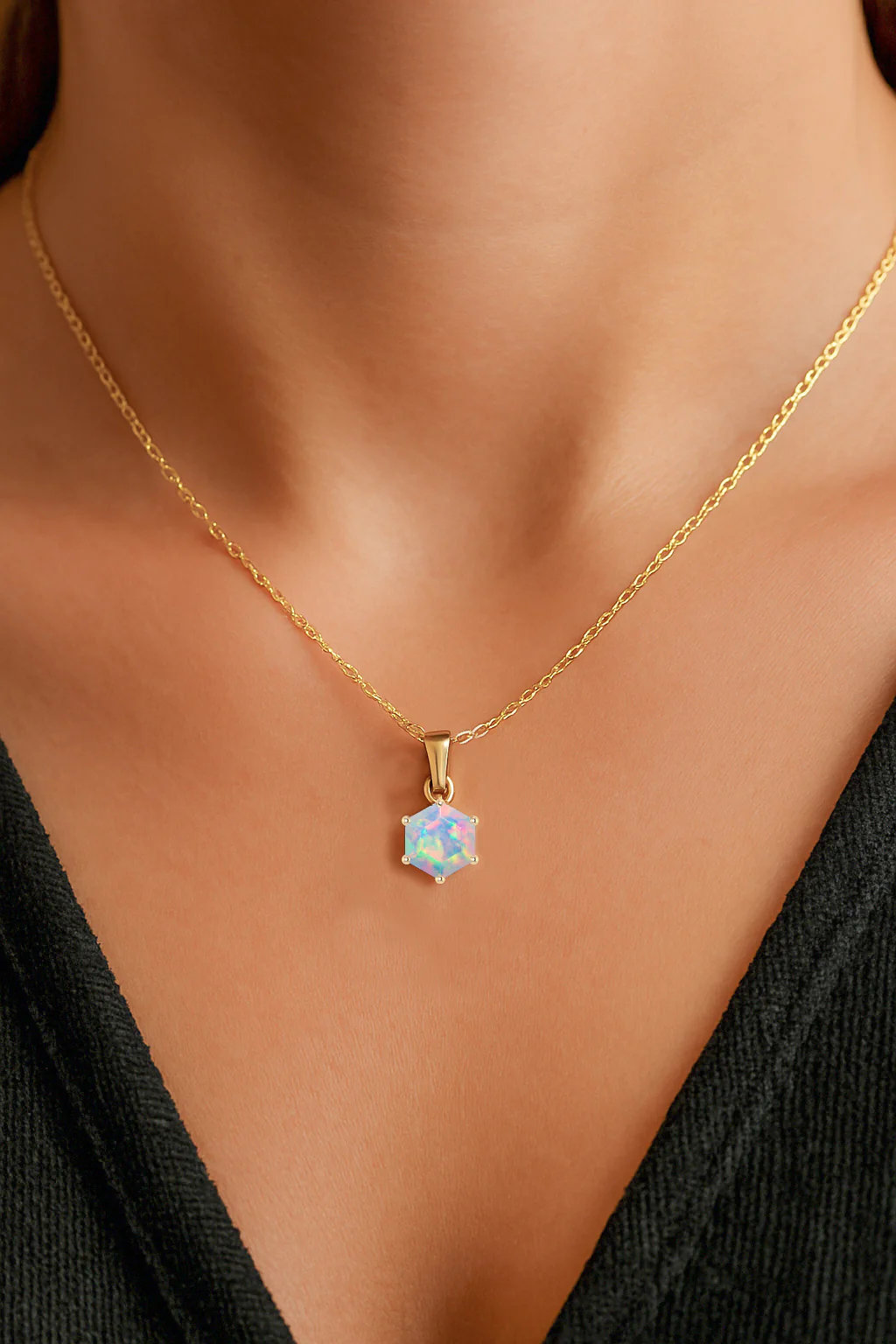 Natural White Opal Hexagon Solitaire Pendant Necklace in 925 Sterling Silver 1.20ct - Image 8