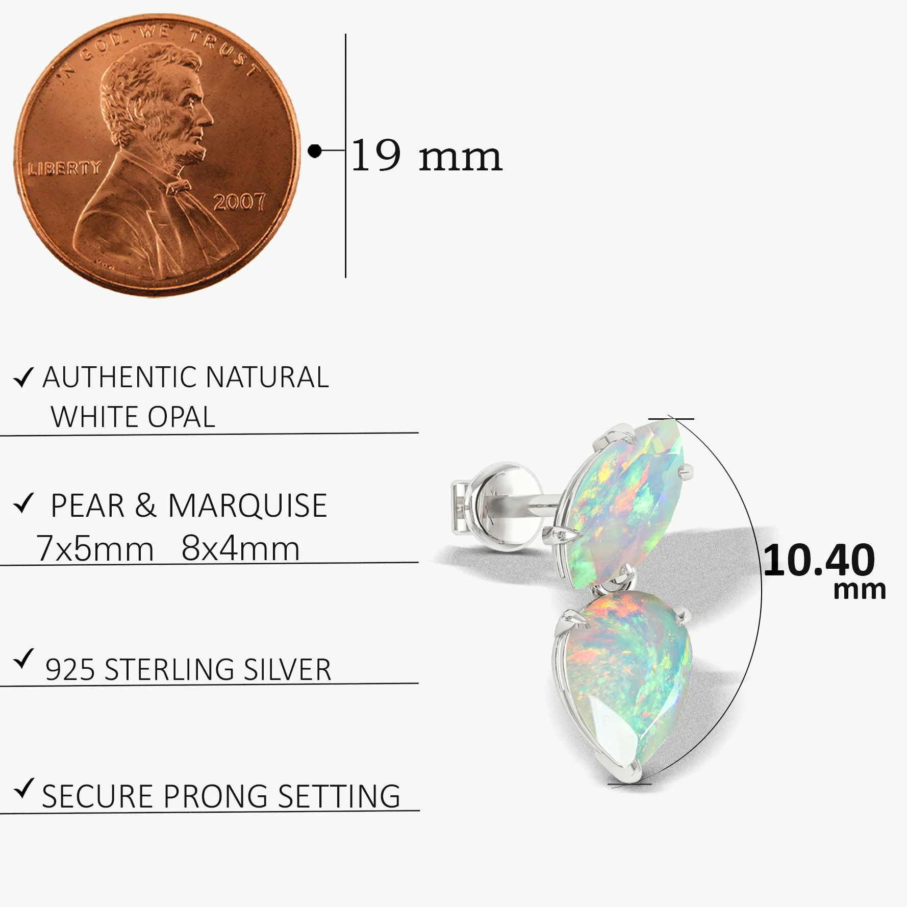 Natural White Opal Marquise & Pear Two Stone Stud Earrings - Image 5