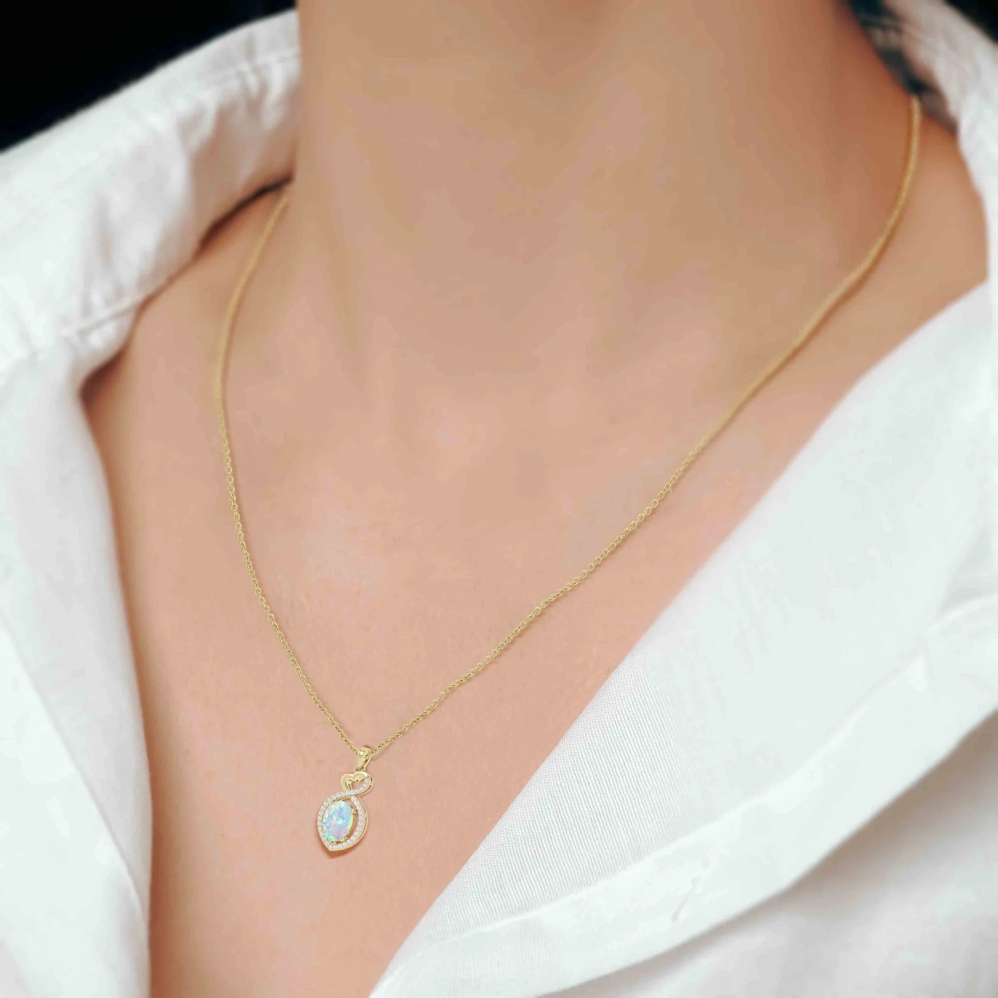 Natural White Opal Mini Heart Style Chain Pendant Necklace - Image 2