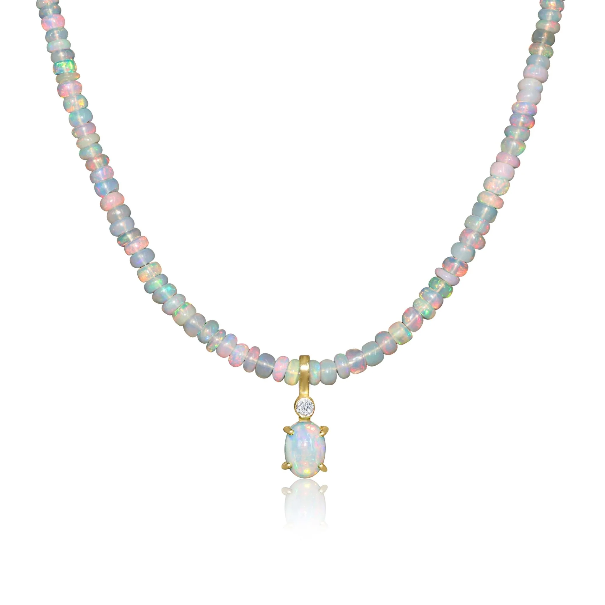 Natural White Opal Oval Shape with Zircon Beaded Necklace