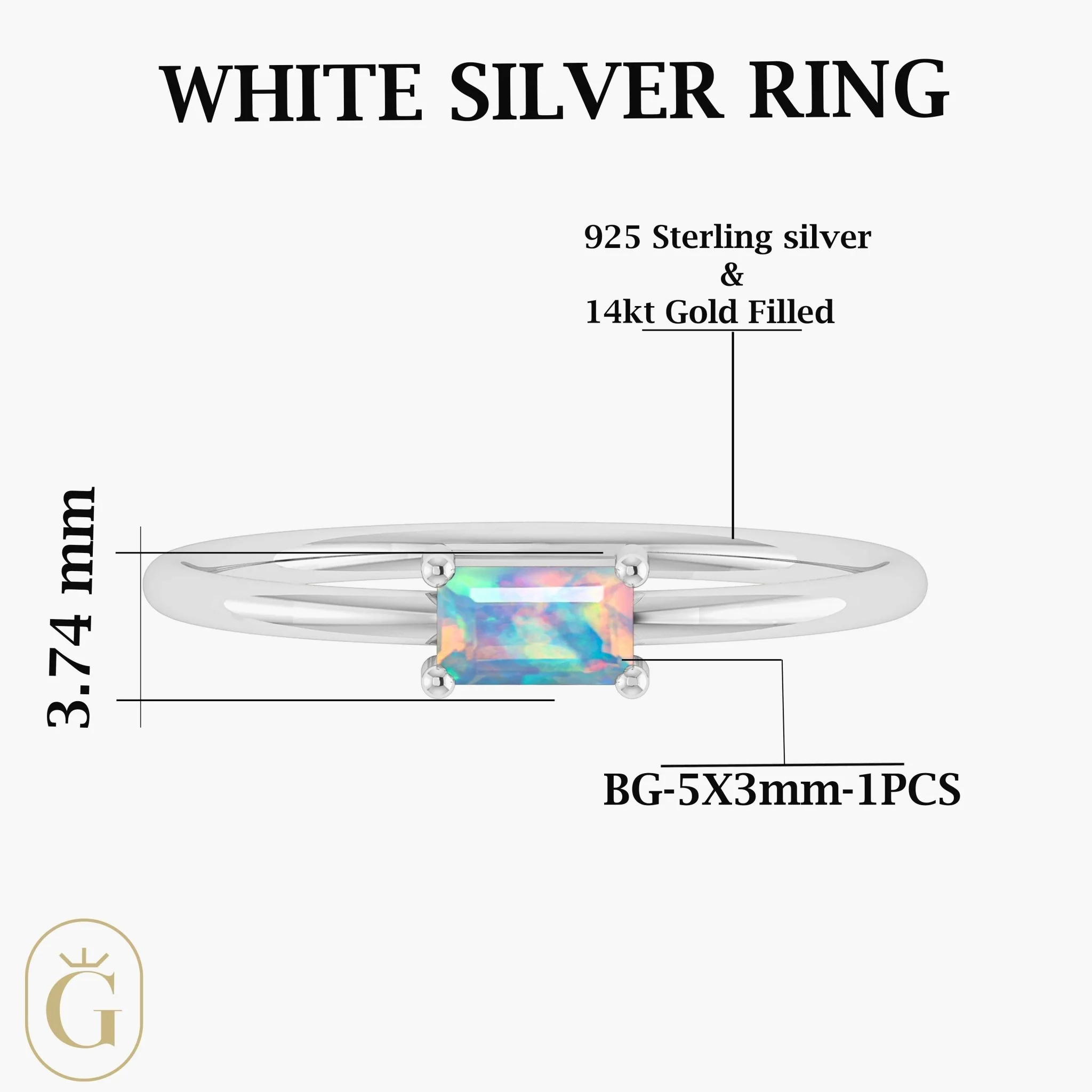 Natural White Opal SINGLE BAGUETTE STONE SOLITAIRE RING - Image 8
