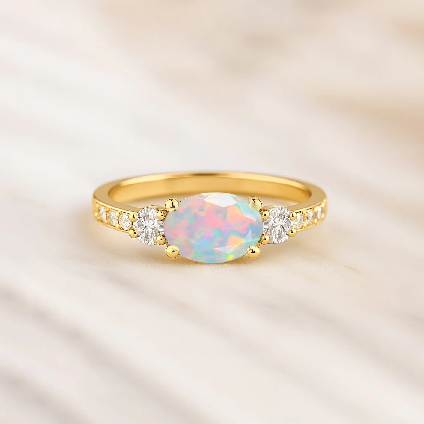 Natural White Opal Three Stone Ring with Birthstone Faceted Design - Image 3