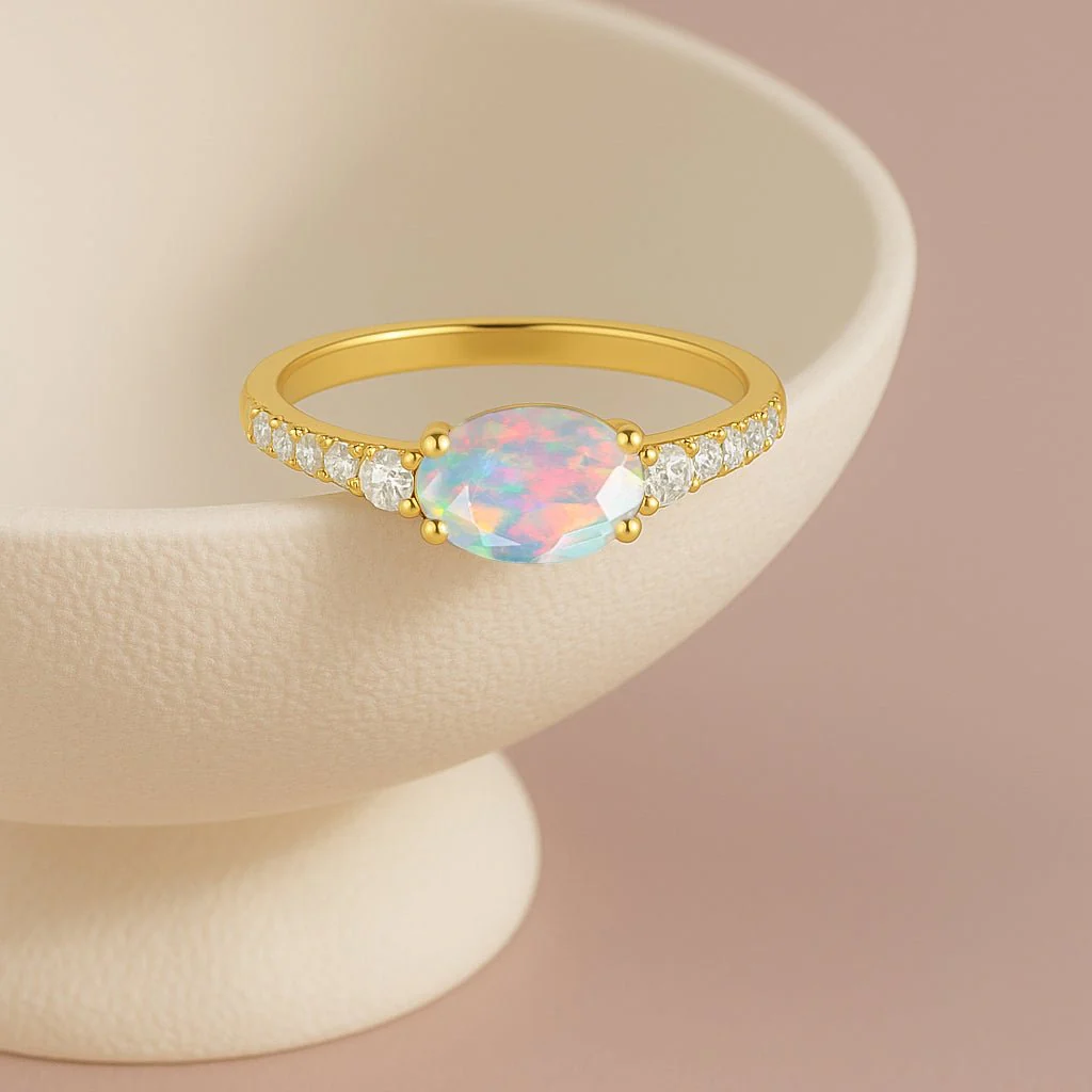 Natural White Opal Three Stone Ring with Birthstone Faceted Design - Image 4