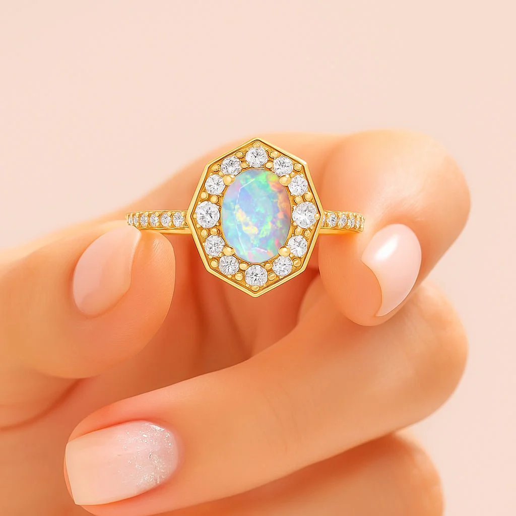 Natural White Opal with Zircon Engagement Halo Ring - Image 5